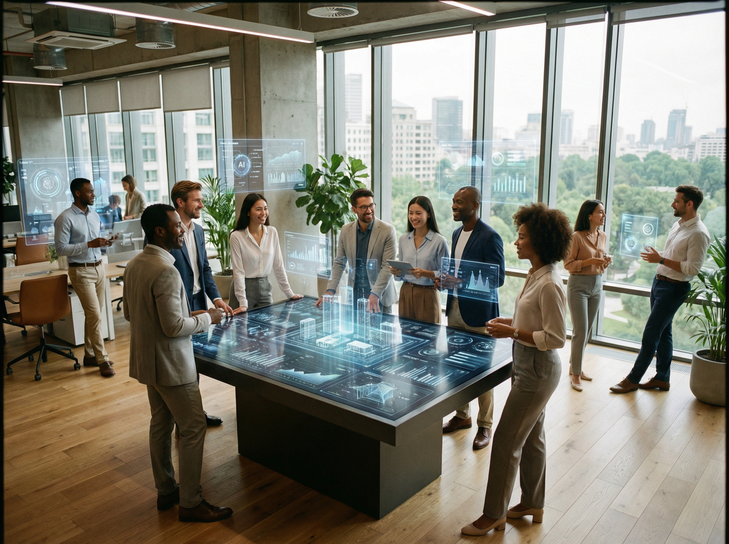 A clean and sophisticated office environment where humans and holographic AI interfaces coexist, team members discussing complex ideas, highly detailed and realistic, bright natural lighting, professional and optimistic mood, 4:3 aspect ratio, no text.