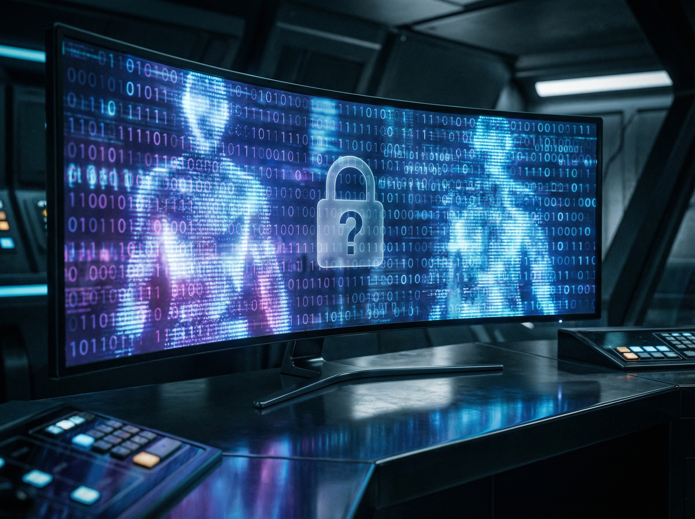 A high-tech futuristic AI interface on a computer screen displaying blurred digital human silhouettes and binary codes, symbolizing privacy concerns and digital deepfakes, cinematic lighting, 4:3 aspect ratio, no text