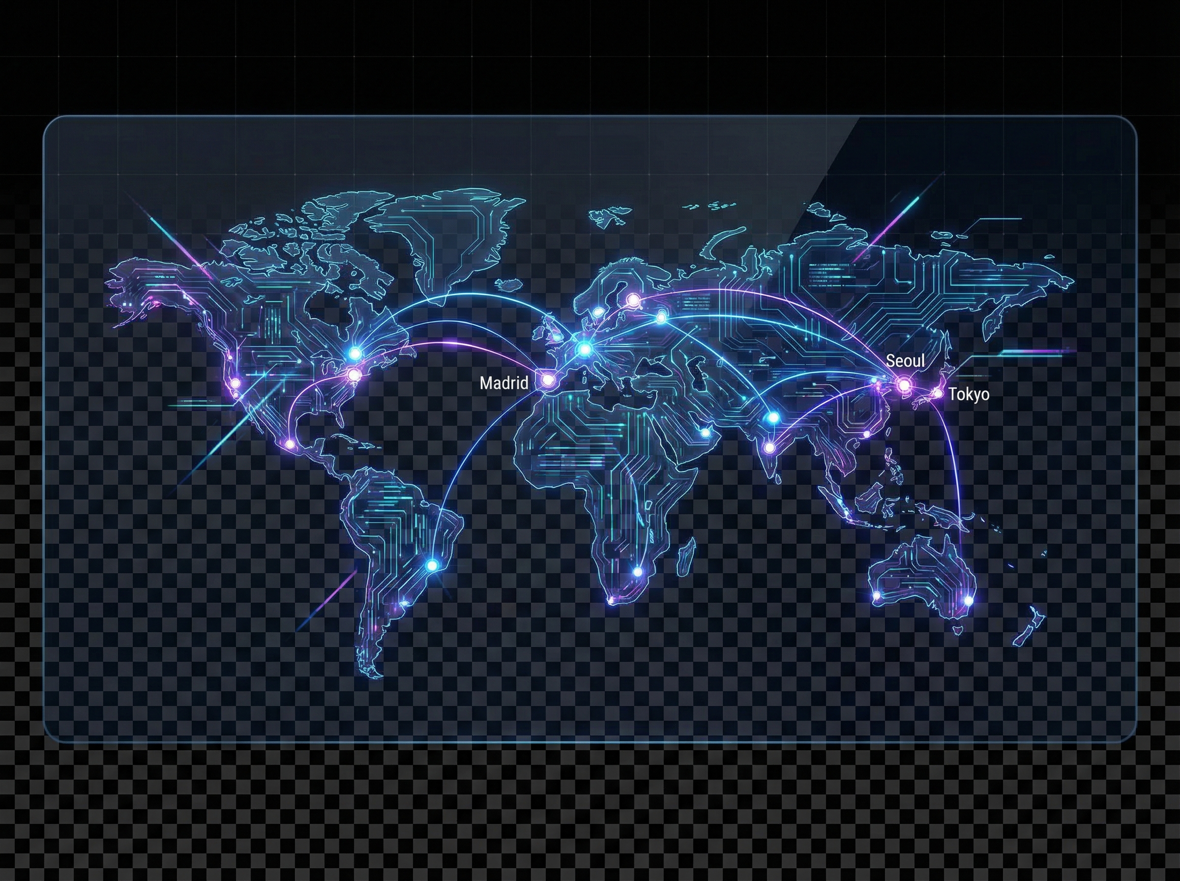 Digital world map with glowing nodes connecting major tech hubs like Seoul Tokyo and Madrid symbolizing global AI business expansion, professional design, 4:3 aspect ratio, no text