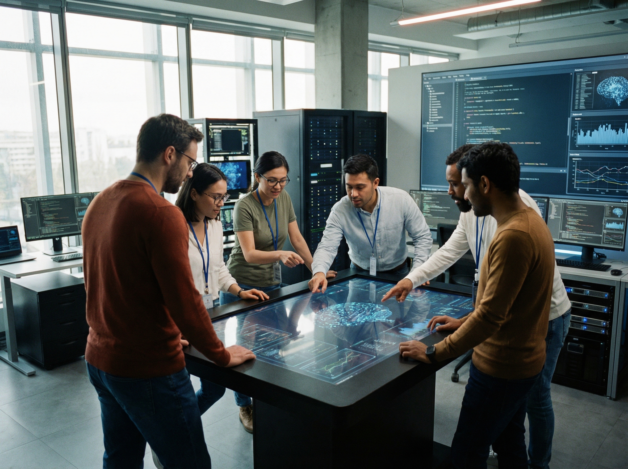 Diverse group of professional engineers and data scientists discussing complex AI models in a modern high tech lab, collaborative atmosphere, detailed composition, 4:3 aspect ratio, no text
