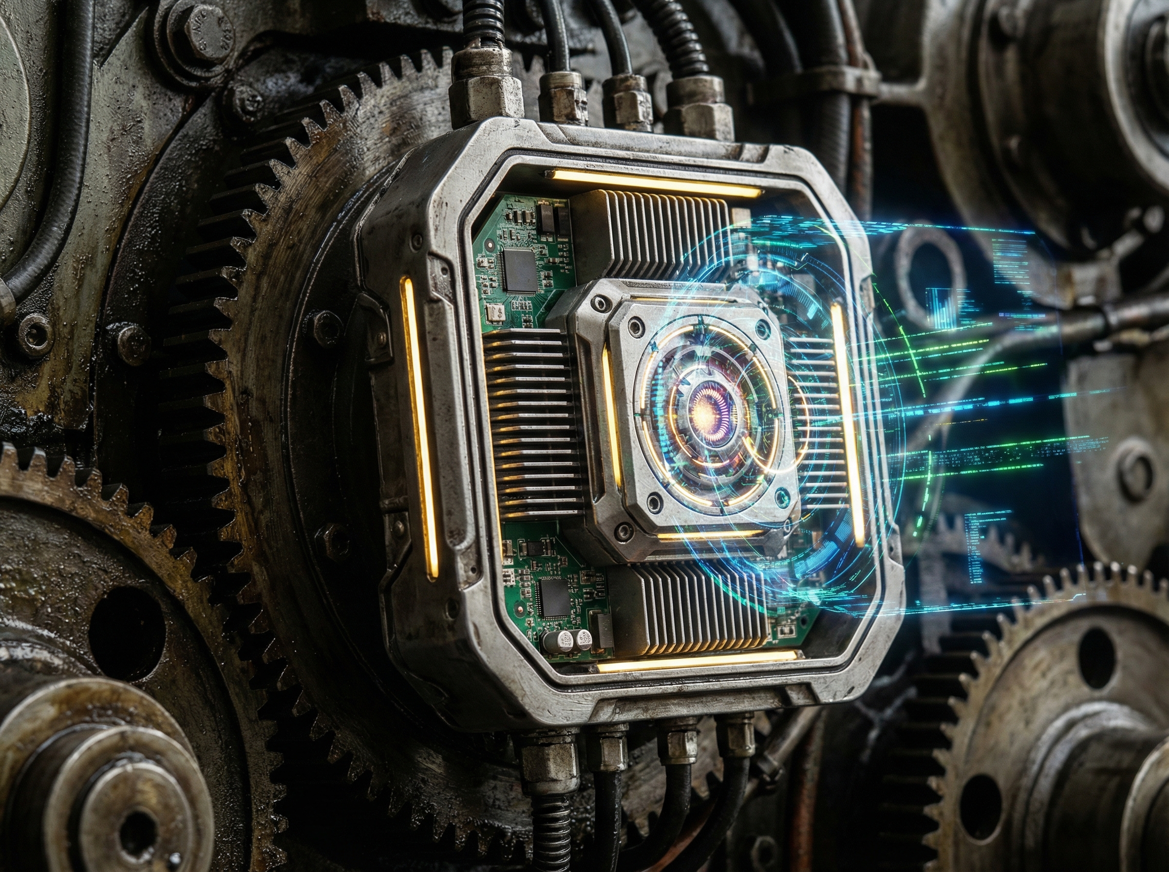 Close up of a sophisticated AI processing unit integrated into heavy machinery, holographic data streams and golden light highlights, industrial technology aesthetics, high contrast, aspect ratio 4:3, no text.