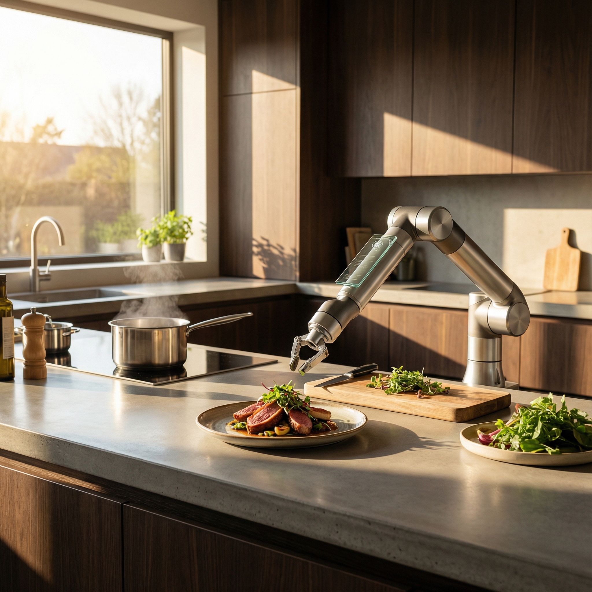 A modern AI kitchen robot preparing a gourmet meal in a minimalist smart kitchen, warm sunlight, realistic textures, cinematic lighting, 1:1, no visible text