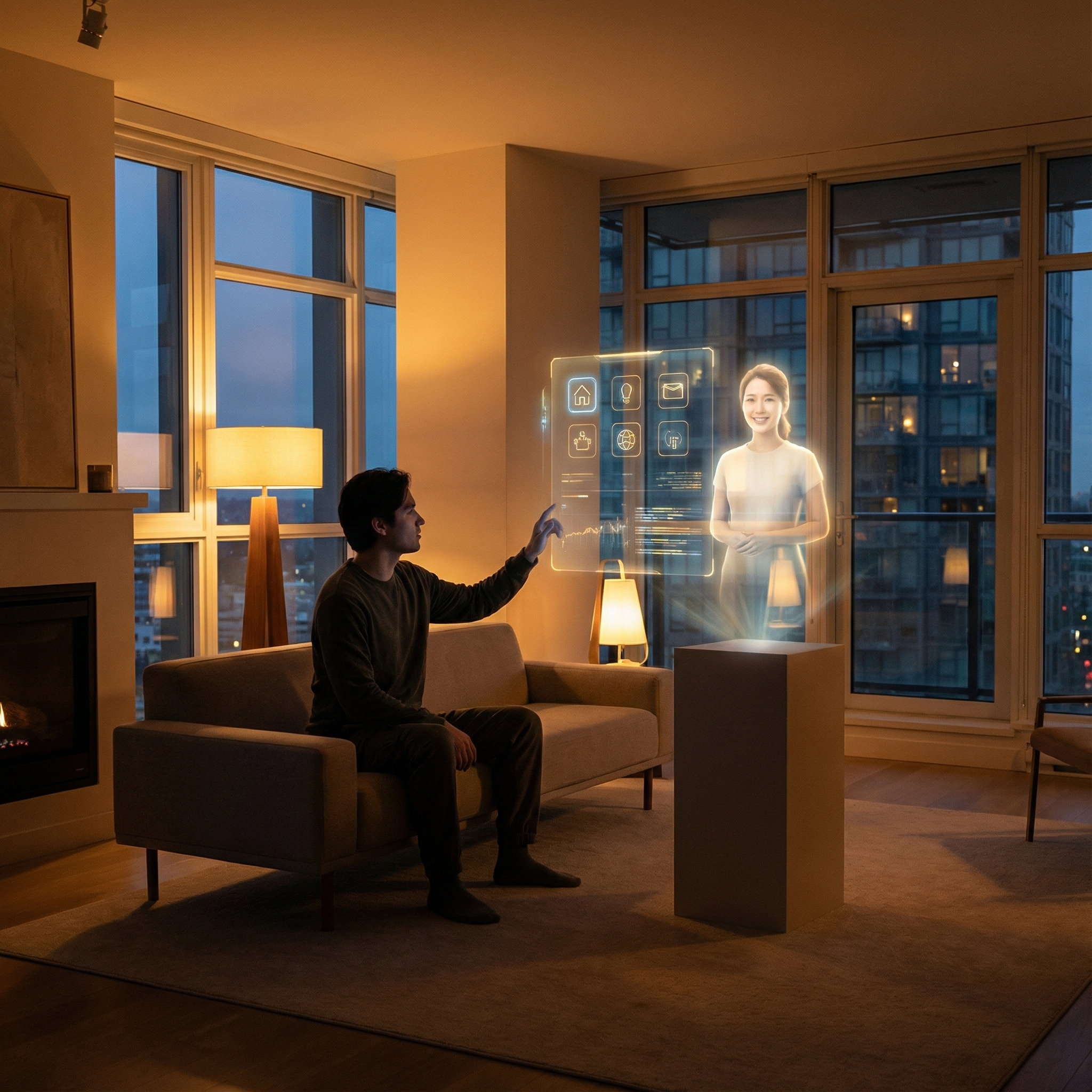 A futuristic concept of a digital AI concierge service assisting a human in a modern living room, soft glowing holographic interface, warm and helpful atmosphere, high contrast, professional photography, 1:1 aspect ratio, no text