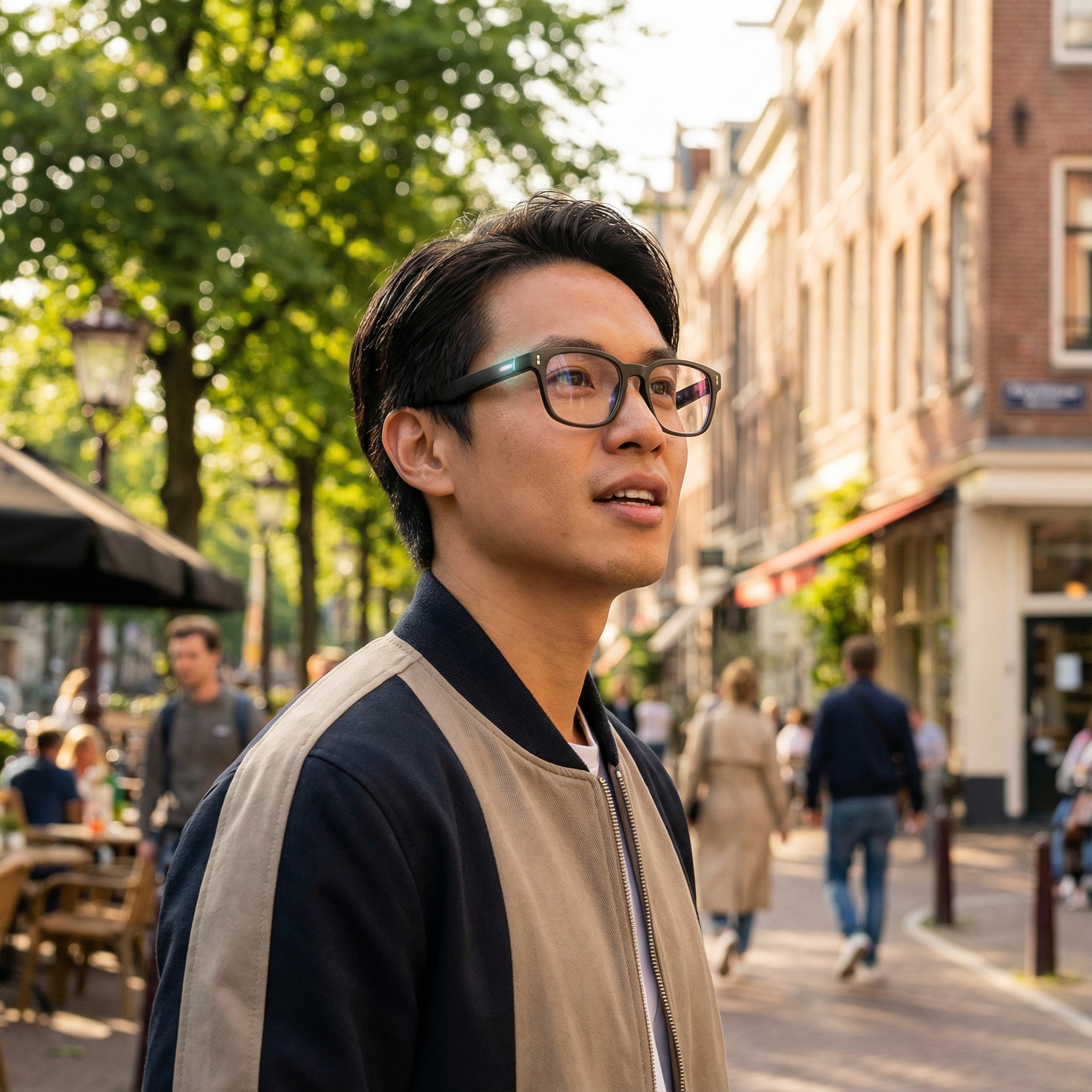 A person wearing stylish smart glasses talking to a voice AI outdoors, natural sunlight, lifestyle photography, focused expression, visually rich background, 1:1 aspect ratio, no text