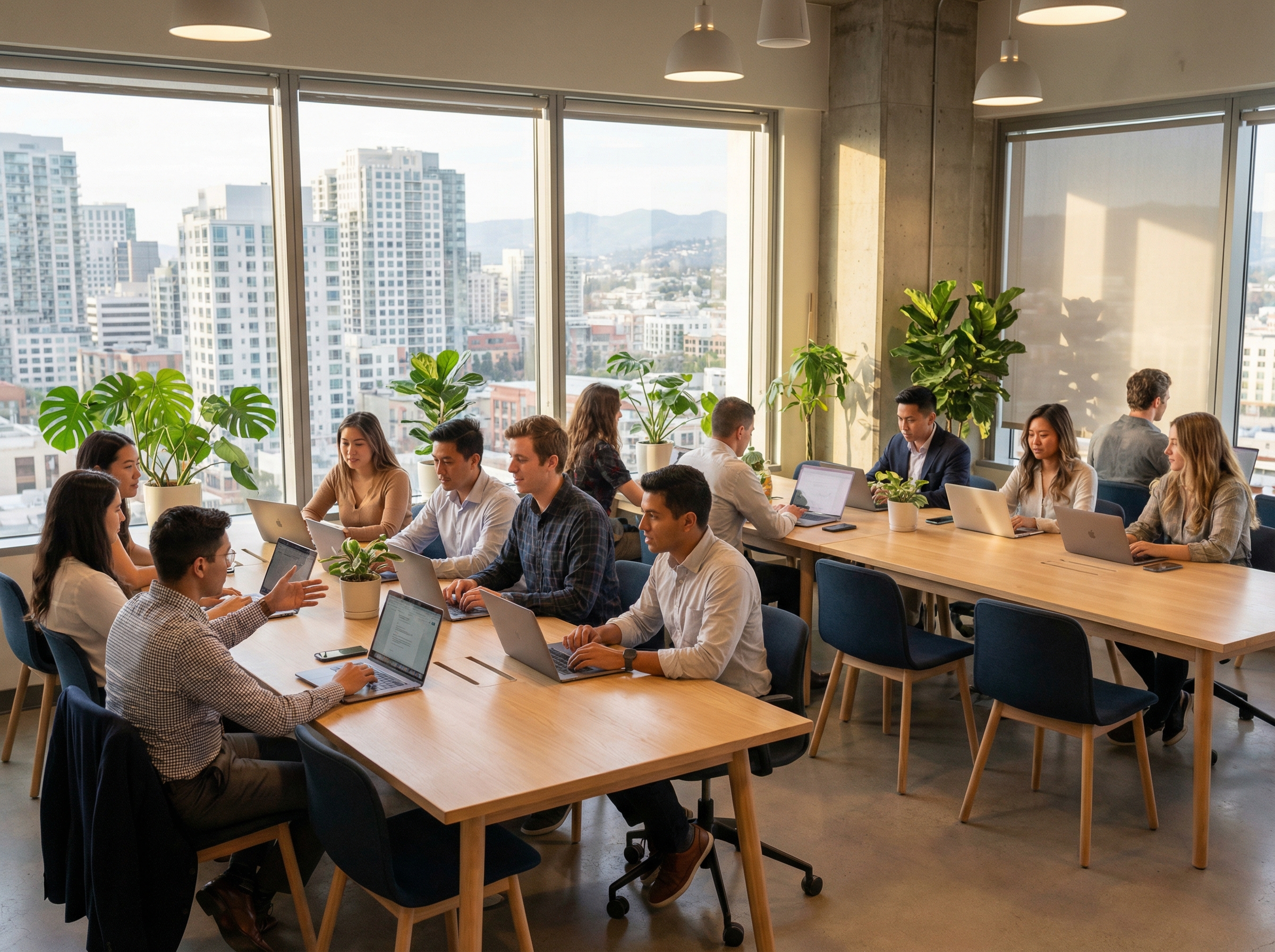 A modern, bright AI startup office in Silicon Valley, diverse team of young professionals collaborating around wooden tables with laptops, large windows showing a city skyline, minimalist interior with green plants, cinematic lighting, 4:3, no text