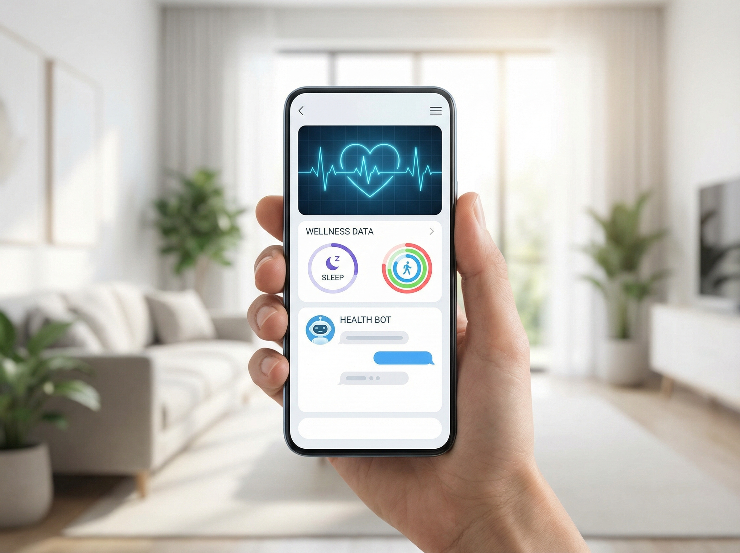A futuristic and clean digital interface of an AI health assistant on a smartphone screen, showing heartbeat graphs, wellness data, and a friendly chat window. The background is a modern, brightly lit living room with soft natural light, 4:3, no text.