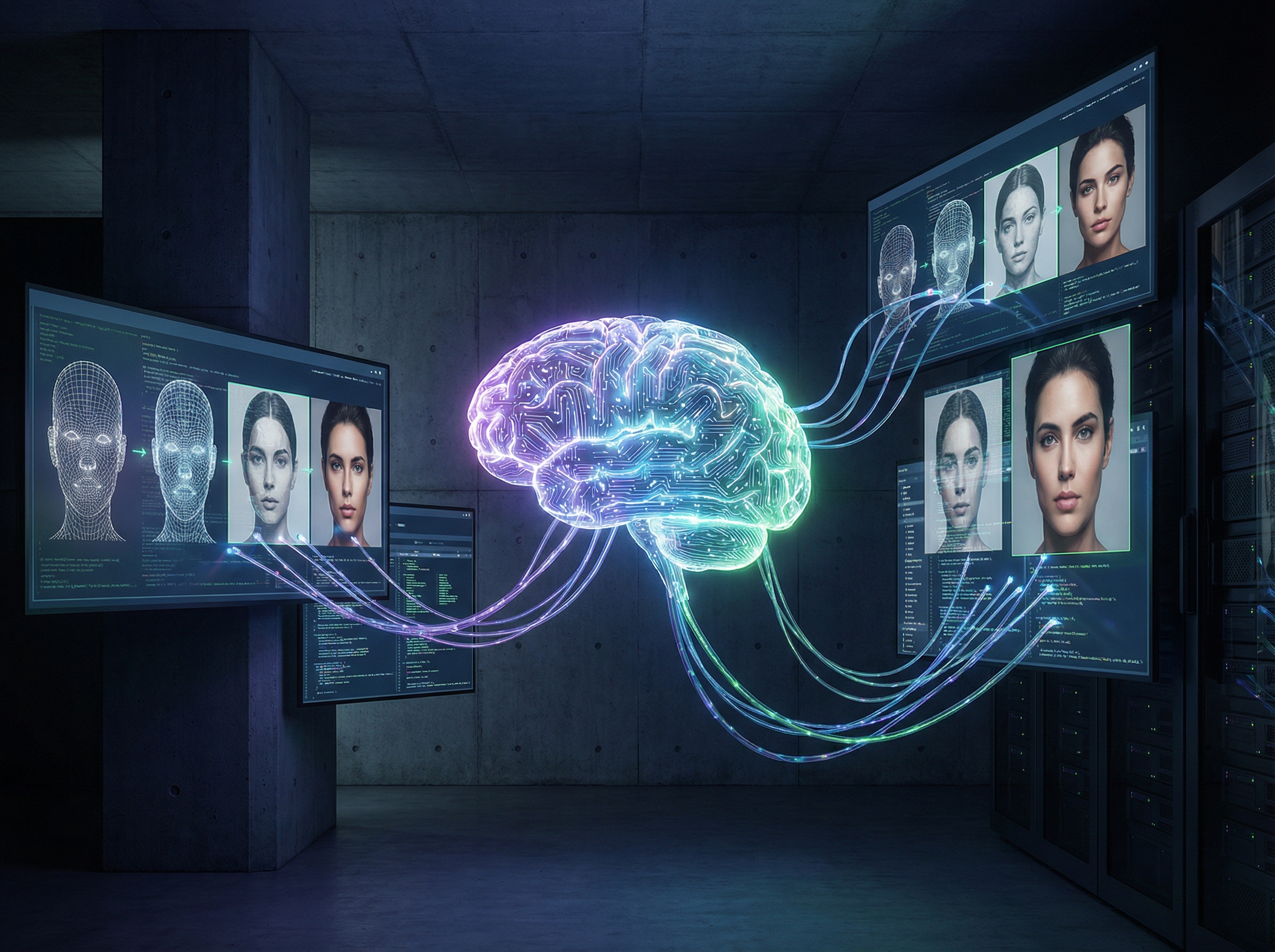 A conceptual digital artwork representing artificial intelligence generating portraits of people, a glowing brain connected to digital screens, modern and slightly dark atmosphere, 4:3, no text