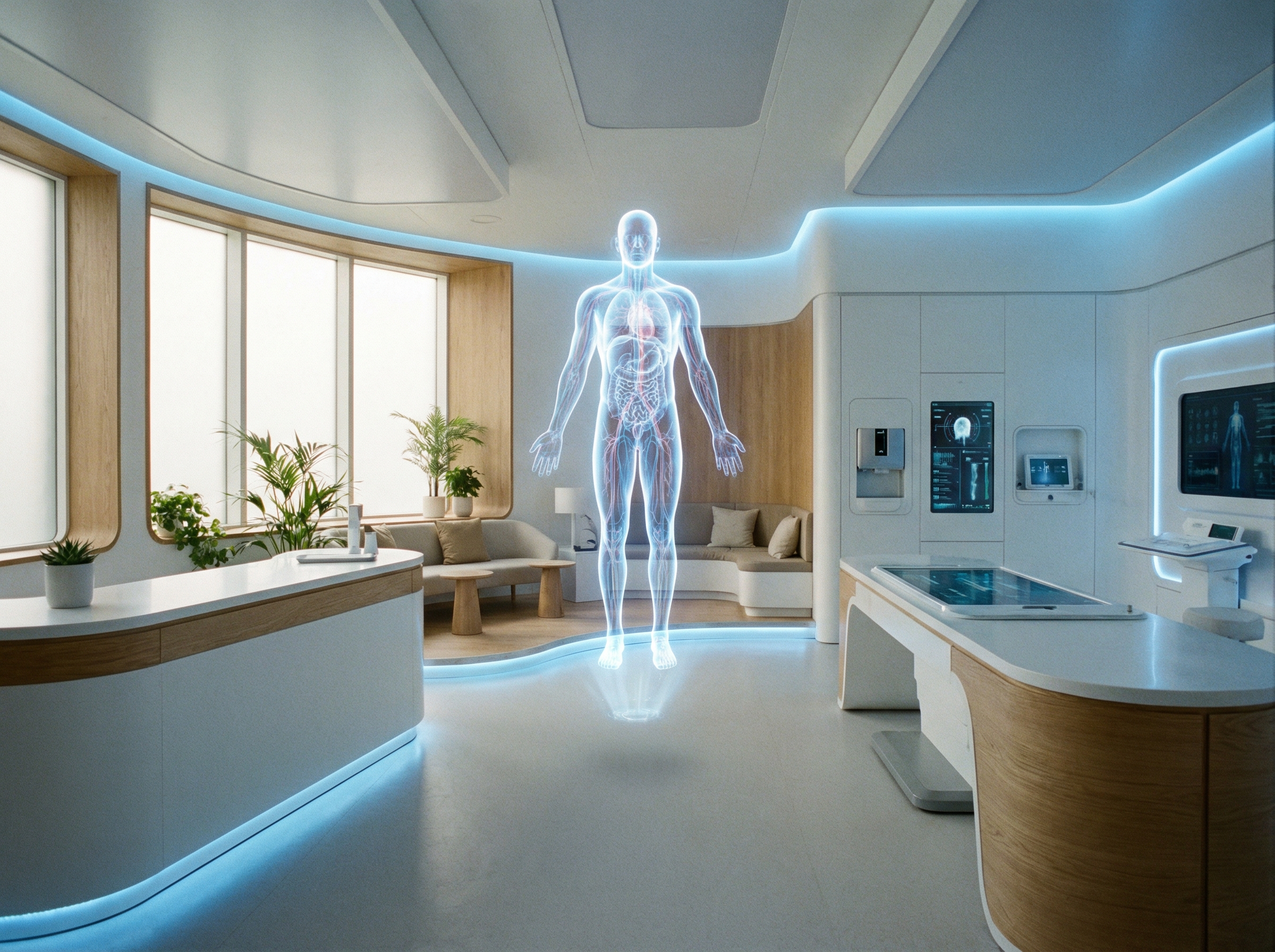 A clean and modern laboratory or clinic setting with a holographic representation of a human body, glowing softly. High-tech but welcoming aesthetic, soft blue and white tones, 4:3, no text.