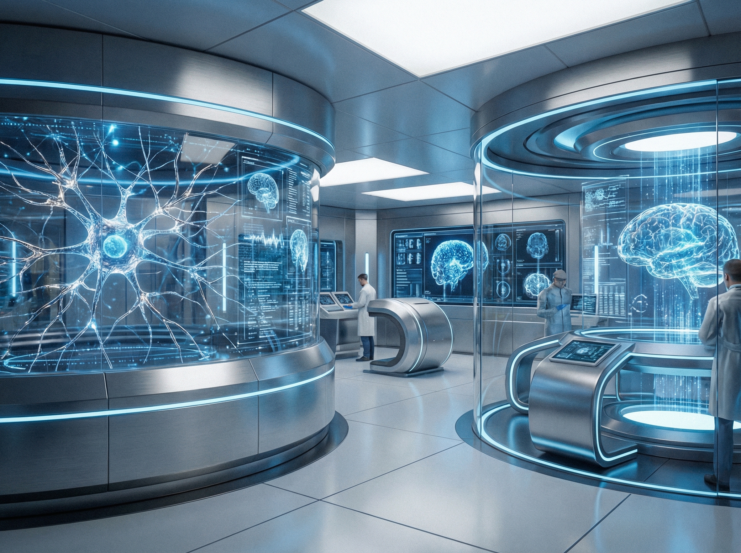 Futuristic AI technology concept with glowing digital neural networks and data streams, high-tech laboratory setting, clean modern aesthetic, blue and silver color palette, 4:3 aspect ratio, no text
