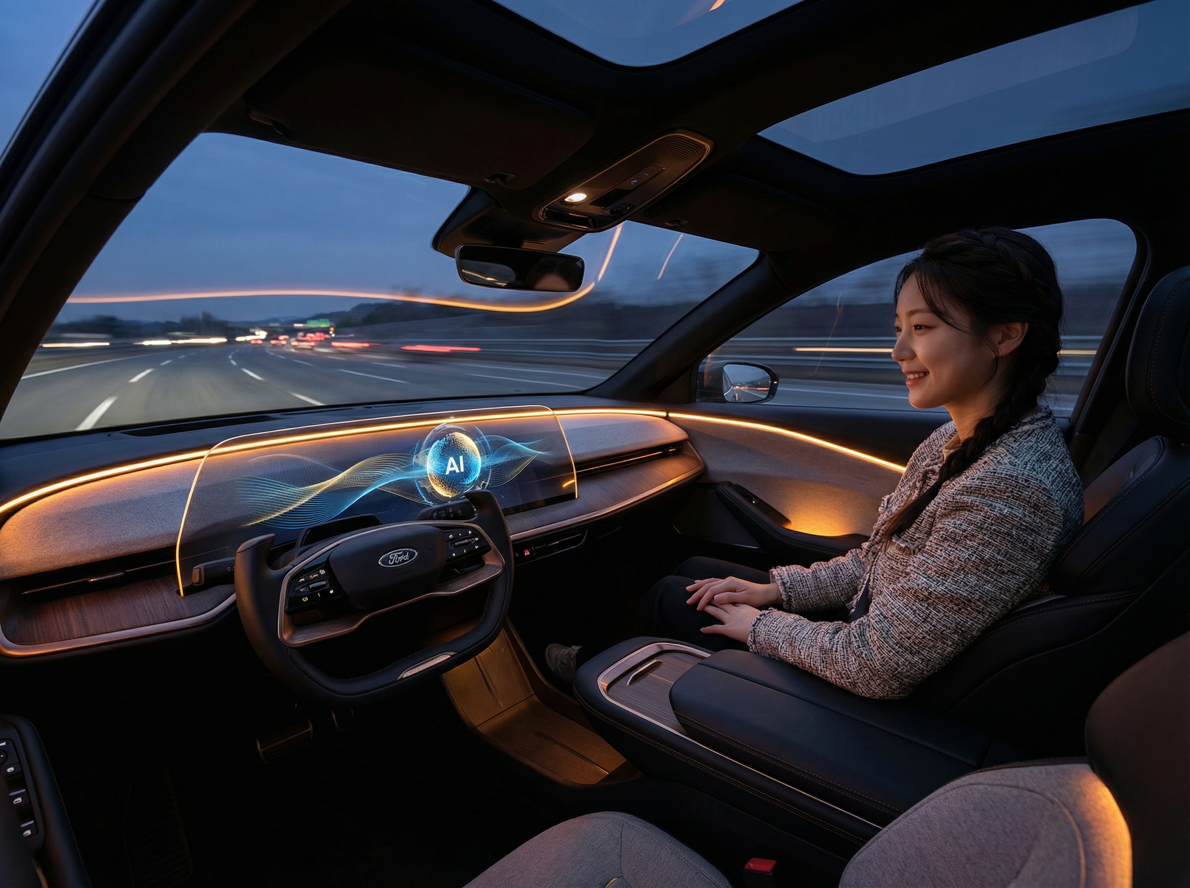 A futuristic car interior of a Ford vehicle, featuring a glowing AI assistant interface on the central dashboard screen. The lighting is warm and modern, with a blurred highway view through the windshield. A young Korean woman is smiling naturally, looking at the dashboard without holding the steering wheel. Aspect ratio 4:3, high contrast, cinematic lighting, no text.