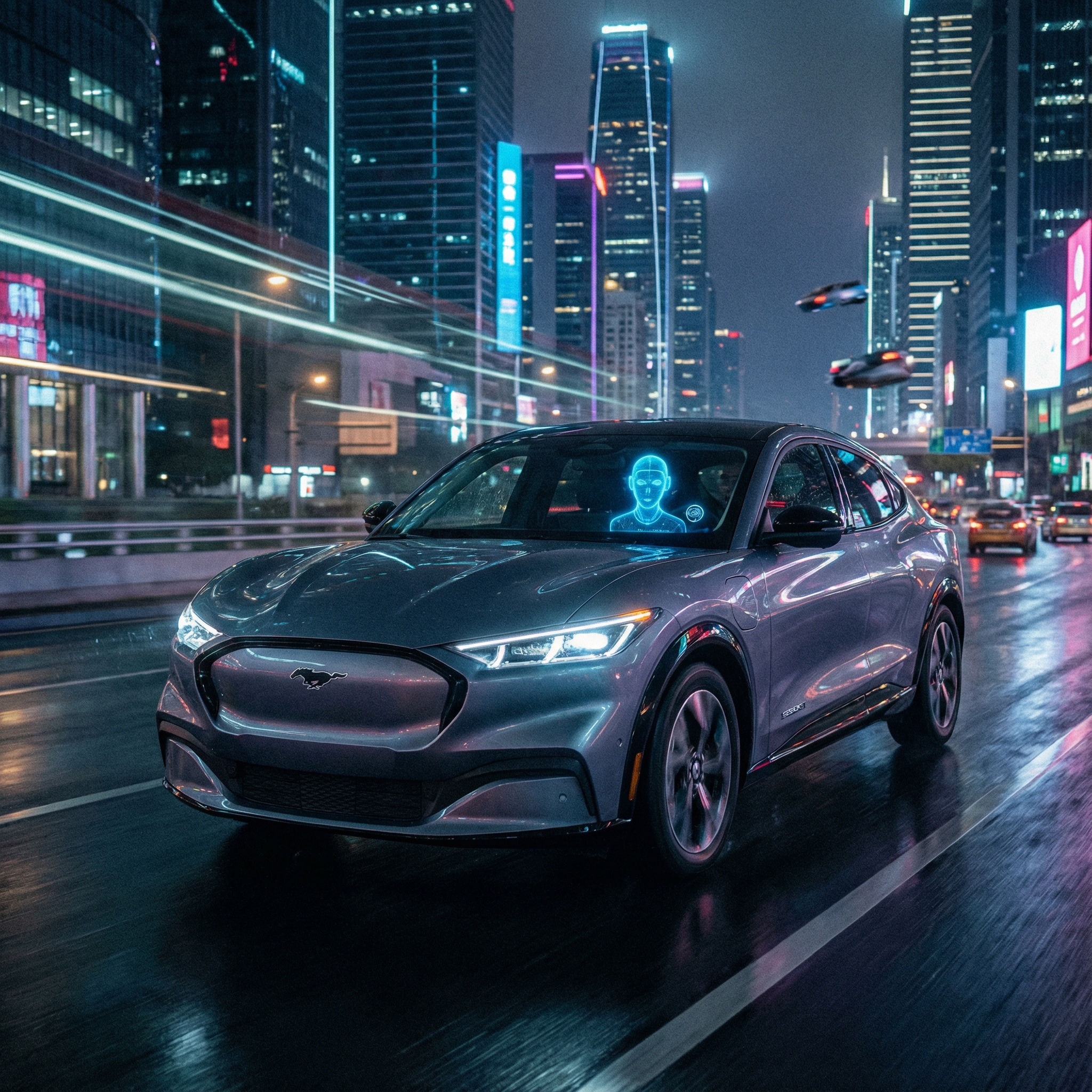 A futuristic Ford electric vehicle driving through a modern city at night with a subtle glowing AI assistant visualization inside the cockpit, 1:1, cinematic lighting, no text