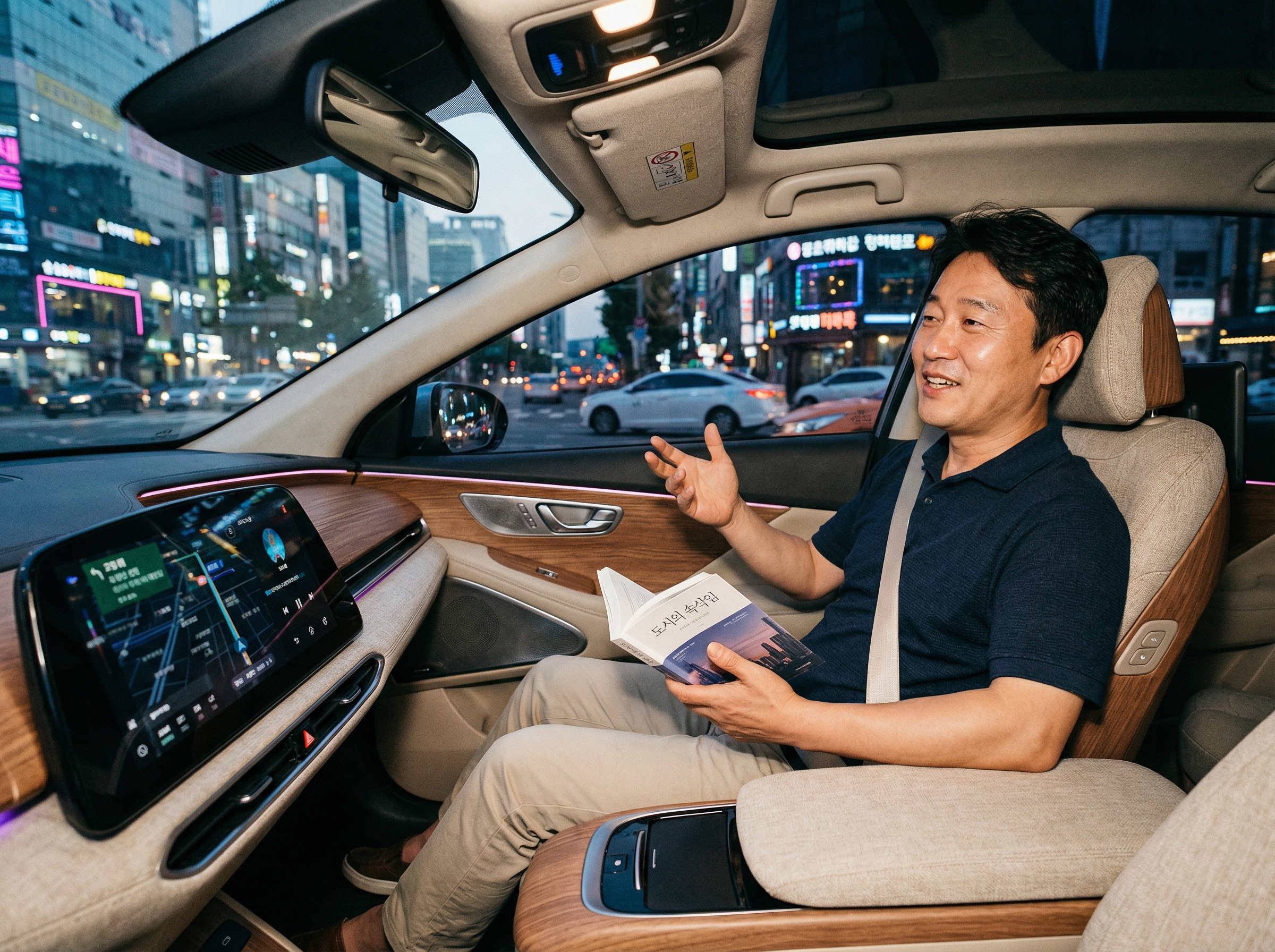 Close-up of a Korean man in the driver's seat of a futuristic car, relaxed and talking to an invisible assistant. He is looking at a tablet or reading a book while the car drives itself through an urban environment at dusk. City lights reflecting on the window, high-tech interior, warm atmosphere, 4:3 aspect ratio, no text.