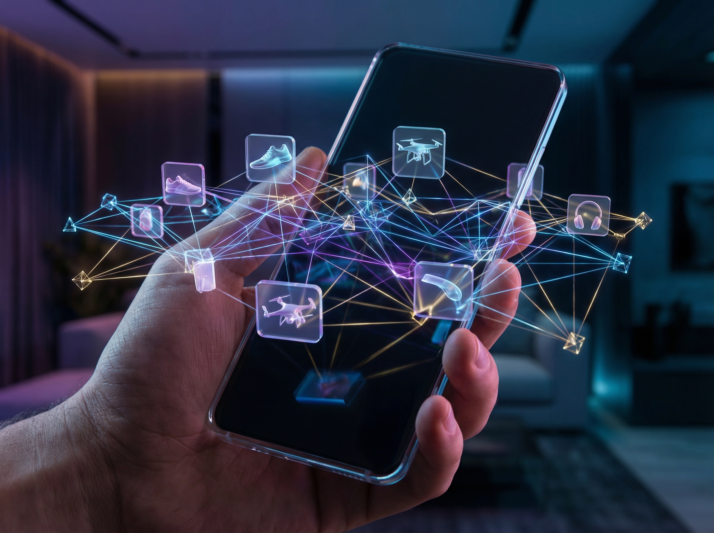 A futuristic e-commerce shopping experience on a smartphone screen, abstract glowing AI neural networks connecting product icons, vibrant colors, clean modern interface, high contrast, cinematic lighting, 4:3 aspect ratio, no text