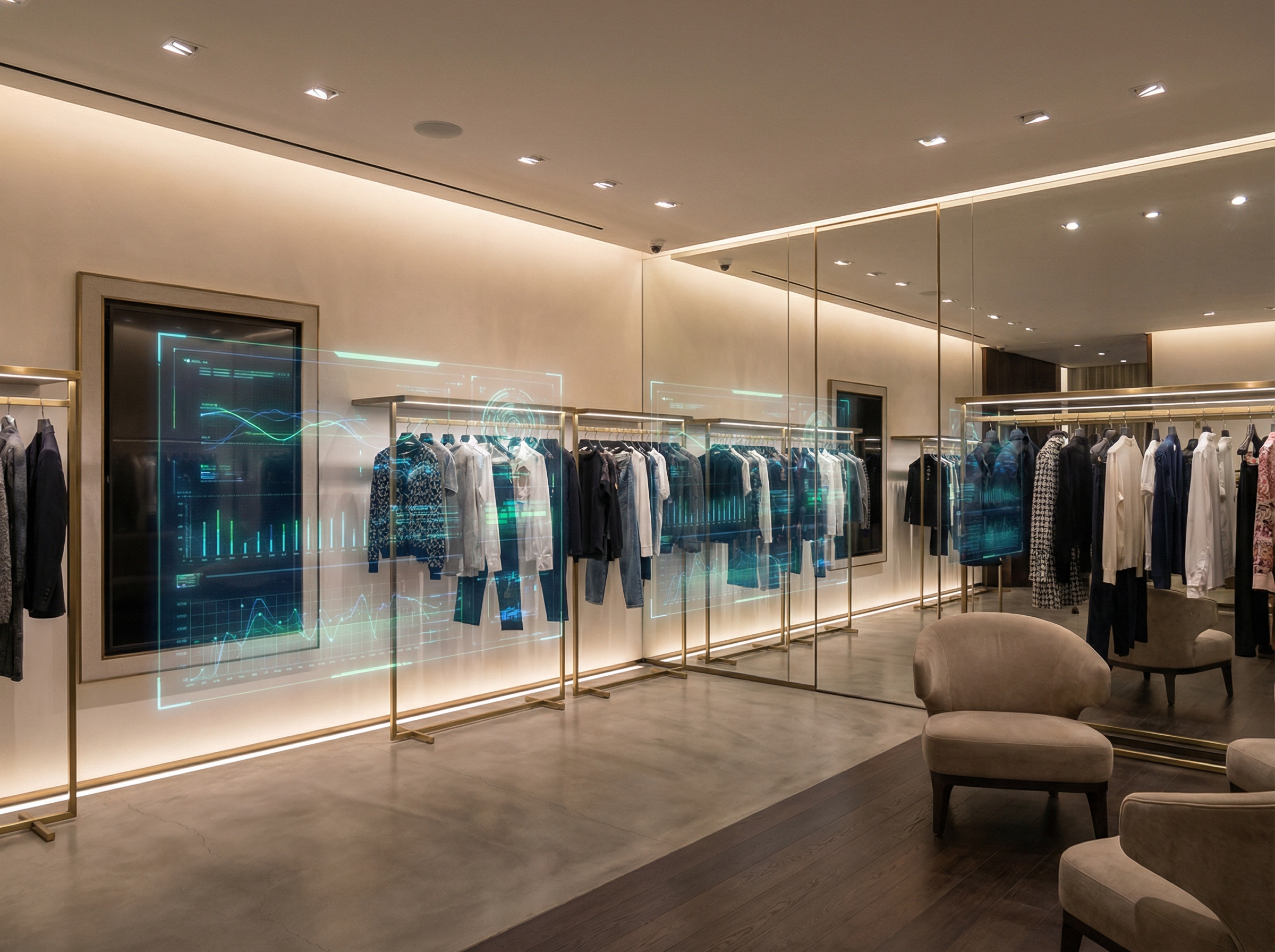 A stylish fashion store interior blended with digital data overlays, luxury clothing racks, soft ambient lighting, high-end atmosphere, realistic photography style, 4:3 aspect ratio, no text