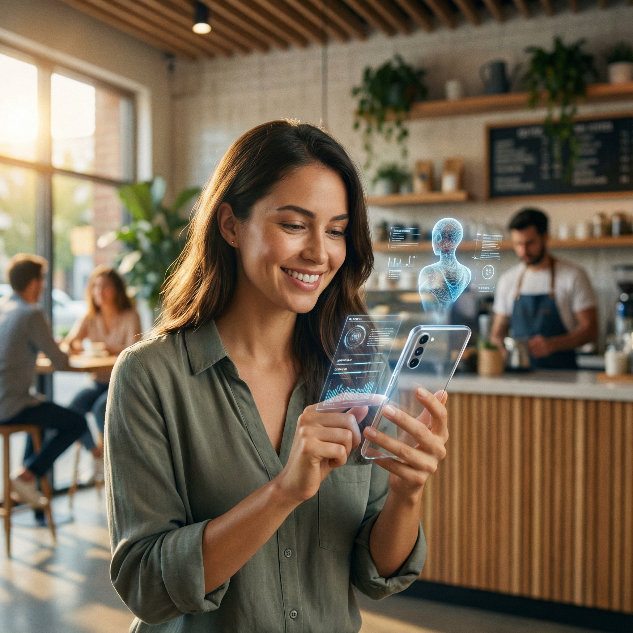 A person smiling while using a futuristic AI assistant on a sleek smartphone in a modern cafe, warm and natural morning sunlight, cinematic photography, high quality, 1:1, no text