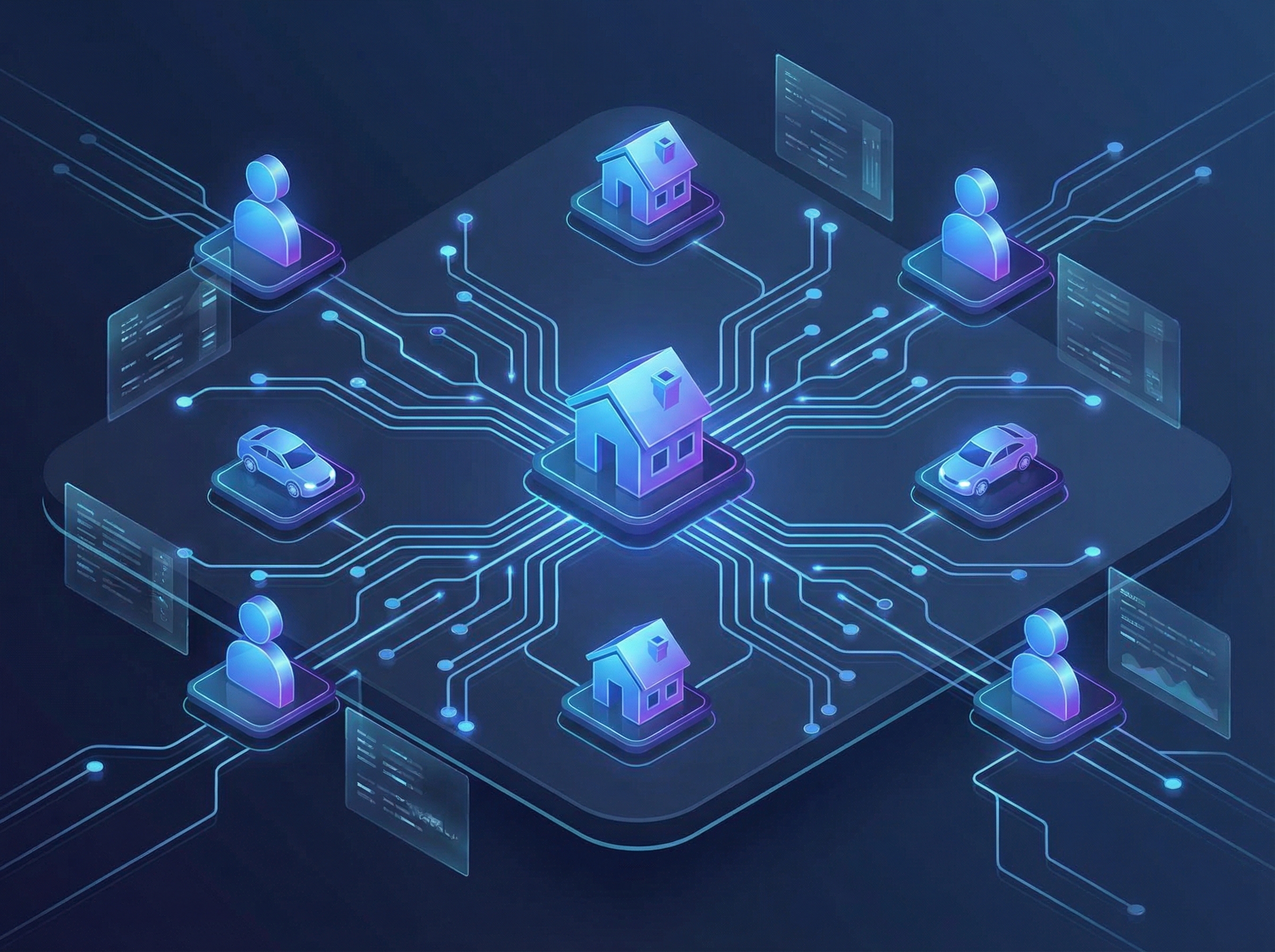 A digital marketplace concept showing icons of houses, cars, and people connected by glowing AI nodes, vibrant and professional design, isometric view, 4:3, no text