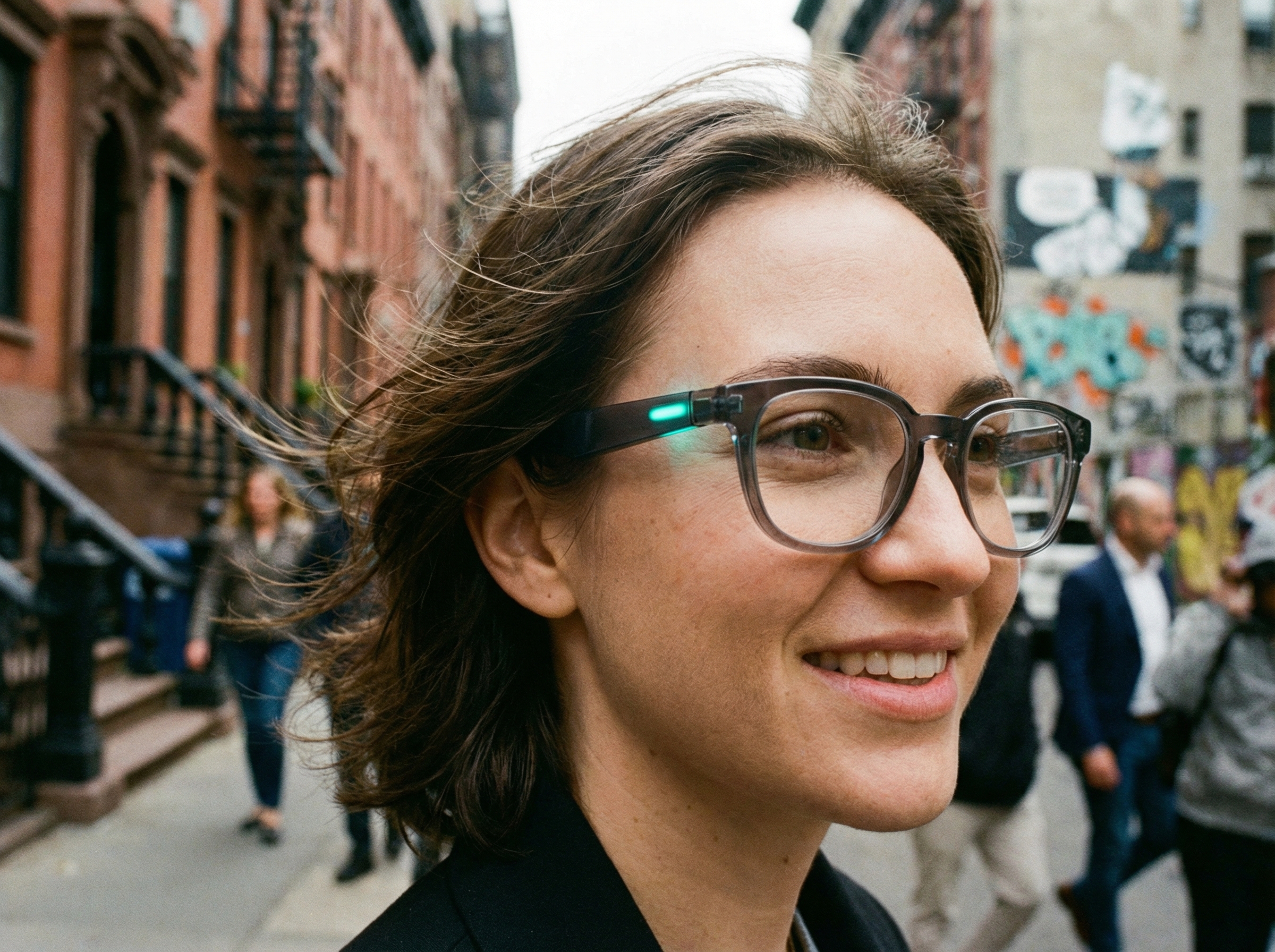 Close-up of a person wearing stylish smart glasses while walking in a city, a subtle light glowing on the frame, lifestyle photography, natural urban background, 4:3, no text