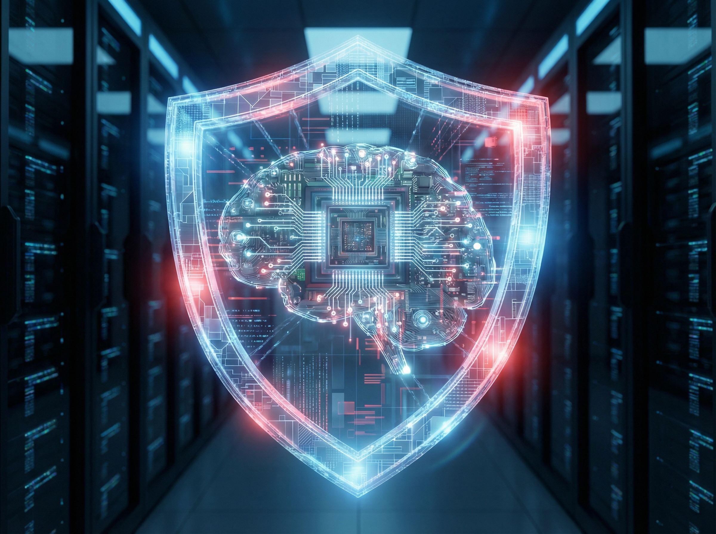 A high-tech digital security shield protecting a brain-shaped AI processor, soft blue and red lighting, 3D render style, aspect ratio 4:3, no text