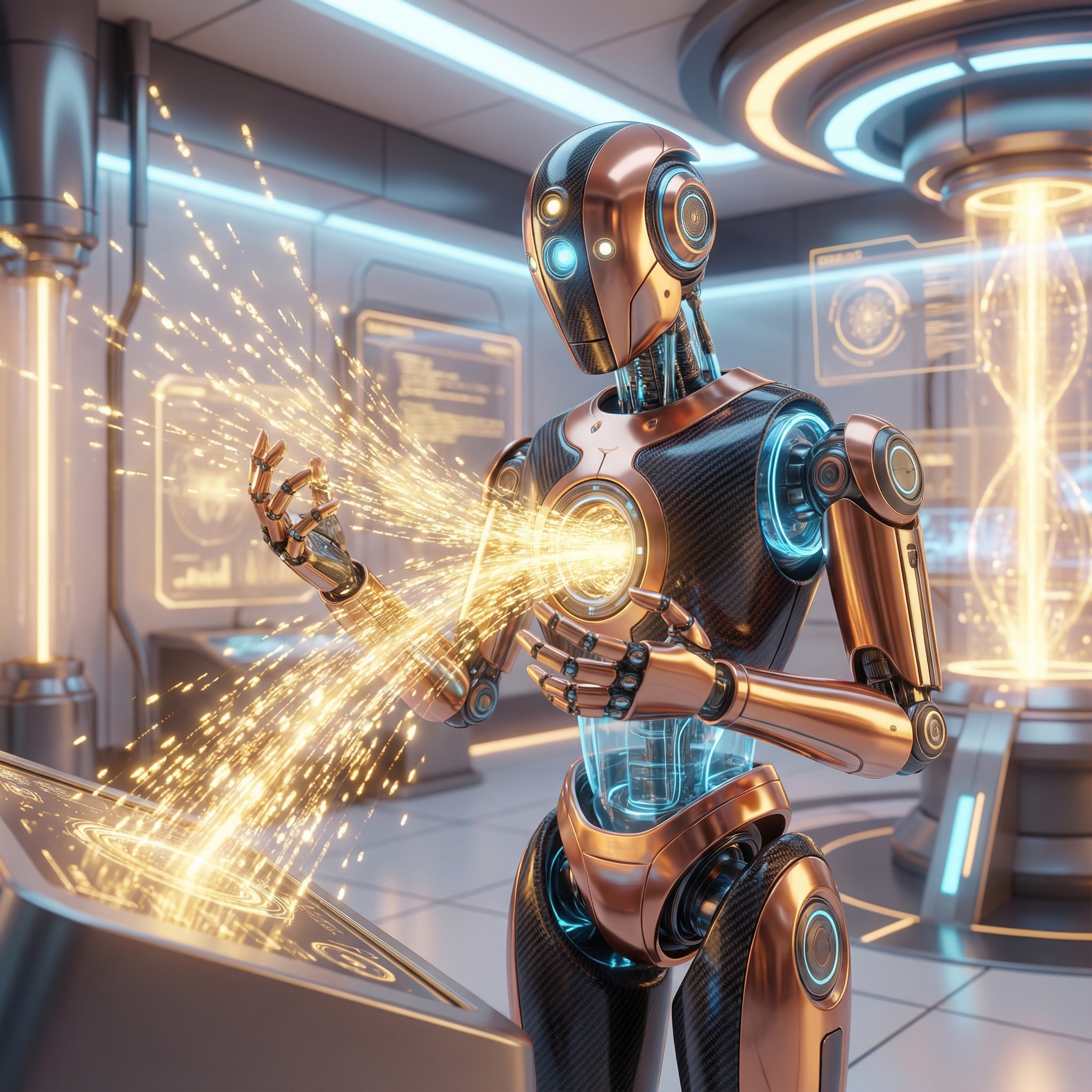 A stylized robotic entity analyzing a stream of golden light data particles, futuristic and high-tech atmosphere, soft glow, 1:1, no text