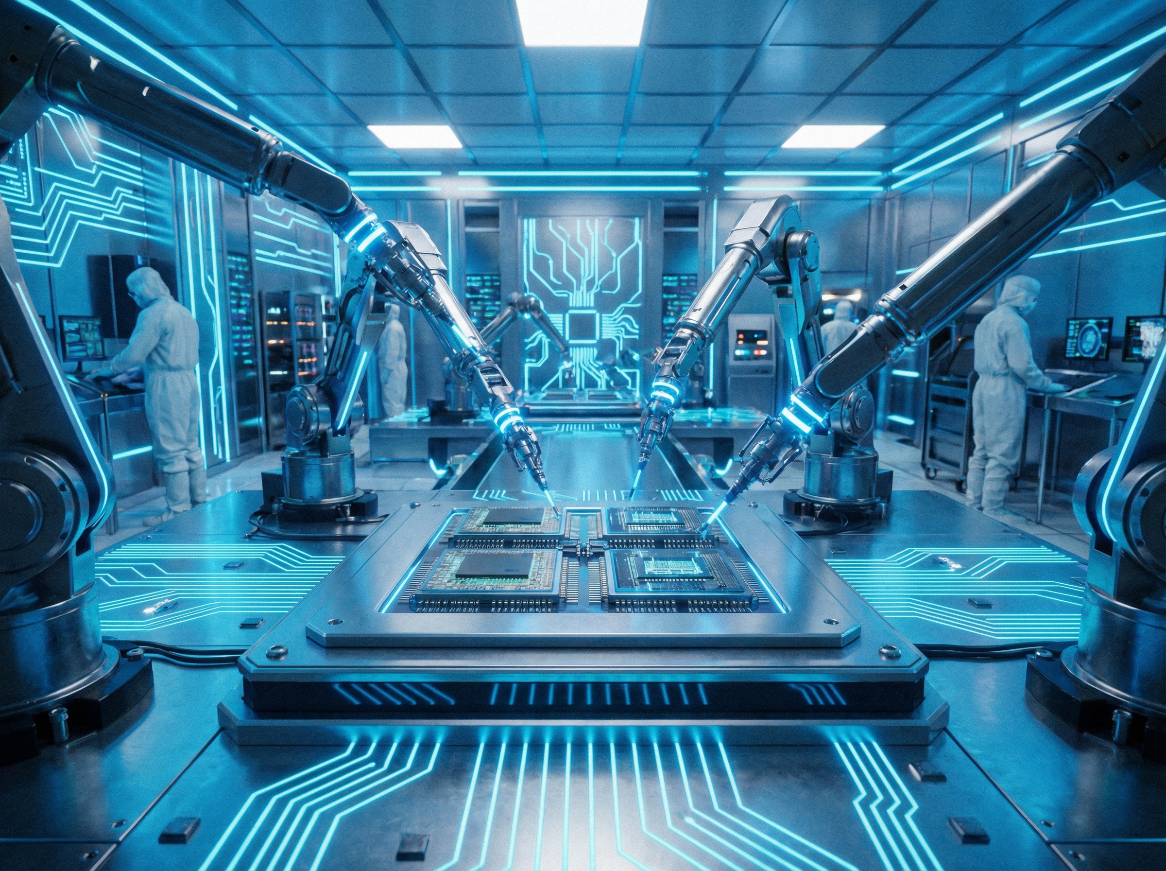 A high-tech semiconductor cleanroom with robotic arms assembling advanced AI microchips, glowing neon blue accents on metallic surfaces, futuristic atmosphere, 4:3 aspect ratio, no text.