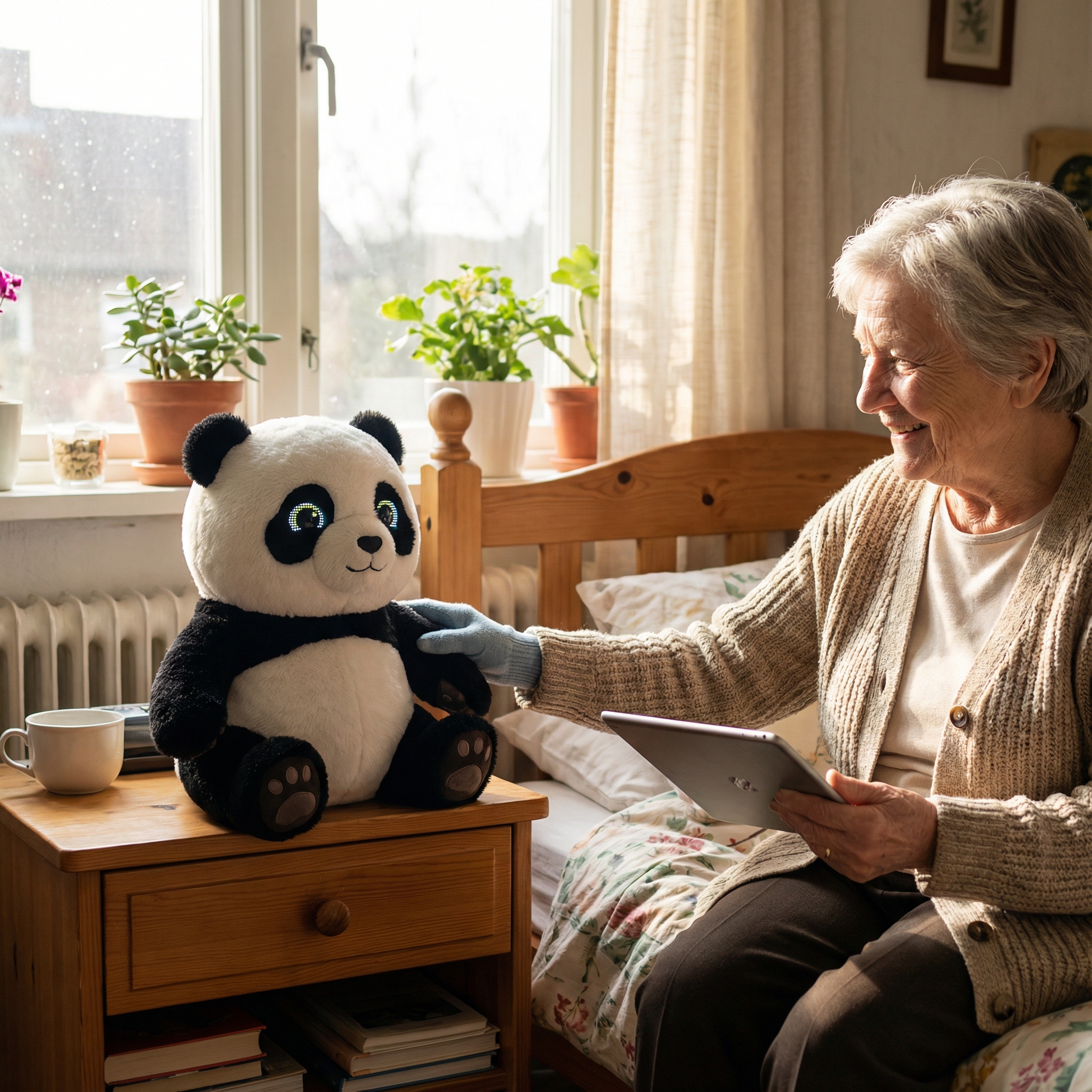 A cute AI panda robot with soft fur sitting on a bedside table in a cozy sunlit room, interacting with an elderly person, emotional robot companion, high quality lifestyle photography, 1:1 aspect ratio, no text