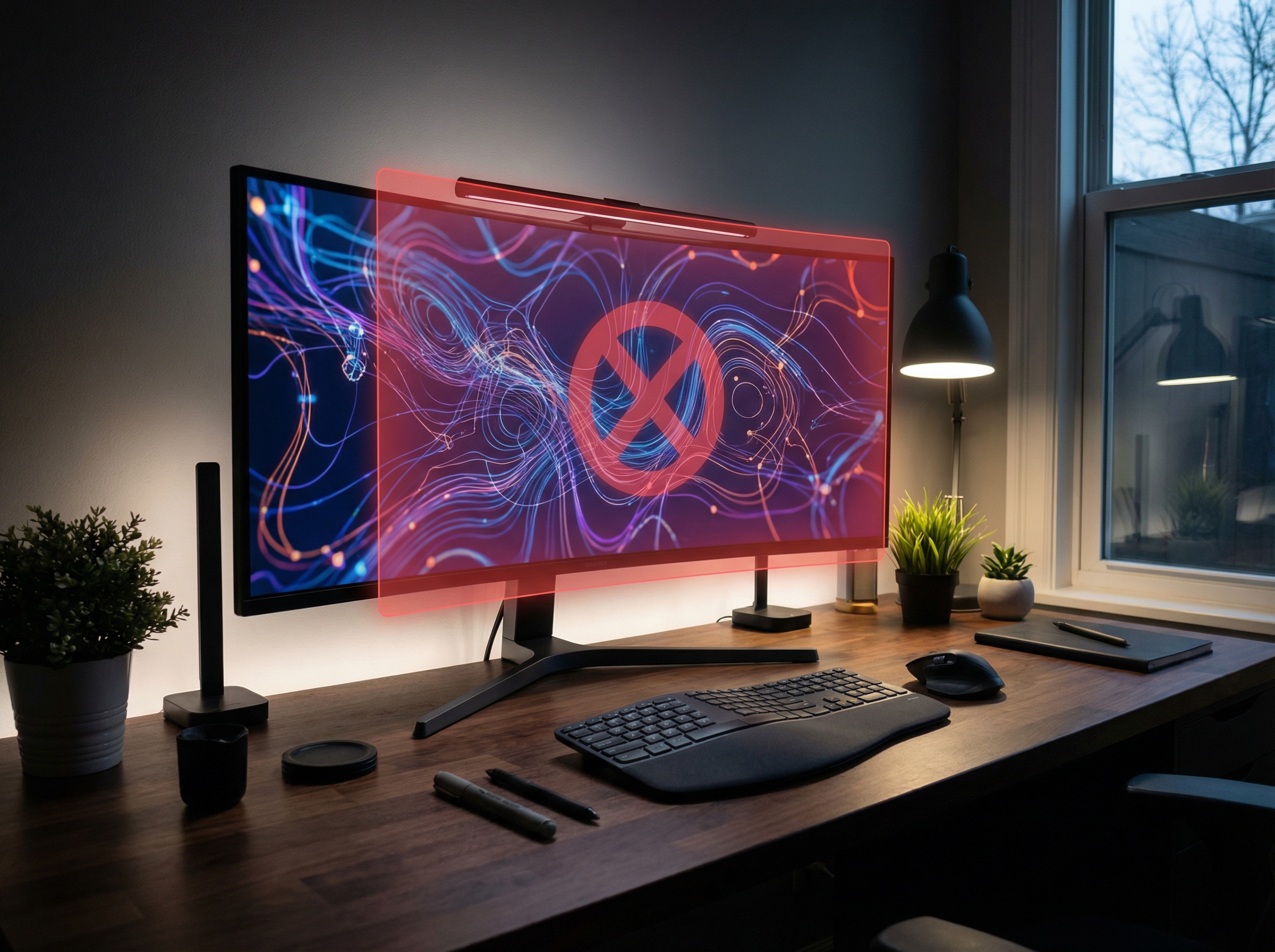 A modern digital workspace with a glowing screen showing abstract colorful neural network patterns being restricted by a translucent red warning shield. Soft cinematic lighting, 4:3 aspect ratio, high resolution, no text.