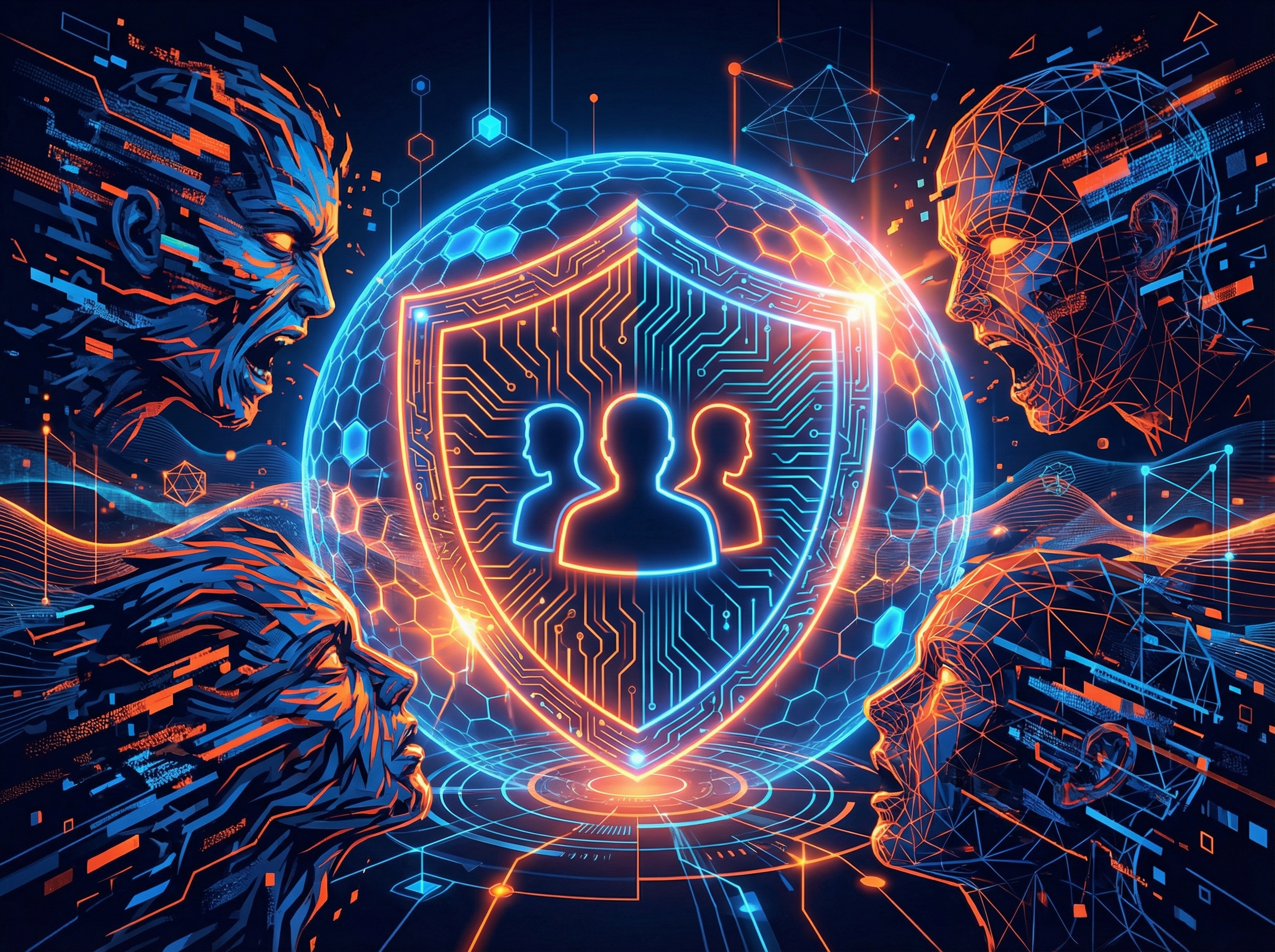 A modern high contrast infographic style illustration showing a digital shield protecting users from distorted AI generated faces, dark blue and neon orange theme, visually rich background, 4:3 aspect ratio, no visible text