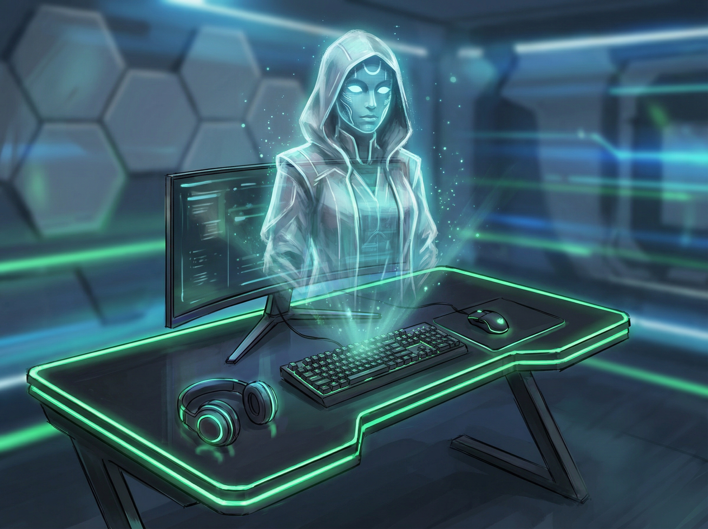 A futuristic holographic AI avatar floating on a modern gaming desk, Razer-inspired neon green lighting, high-tech interior, digital companion concept, artistic rendering, 4:3 aspect ratio, no text.