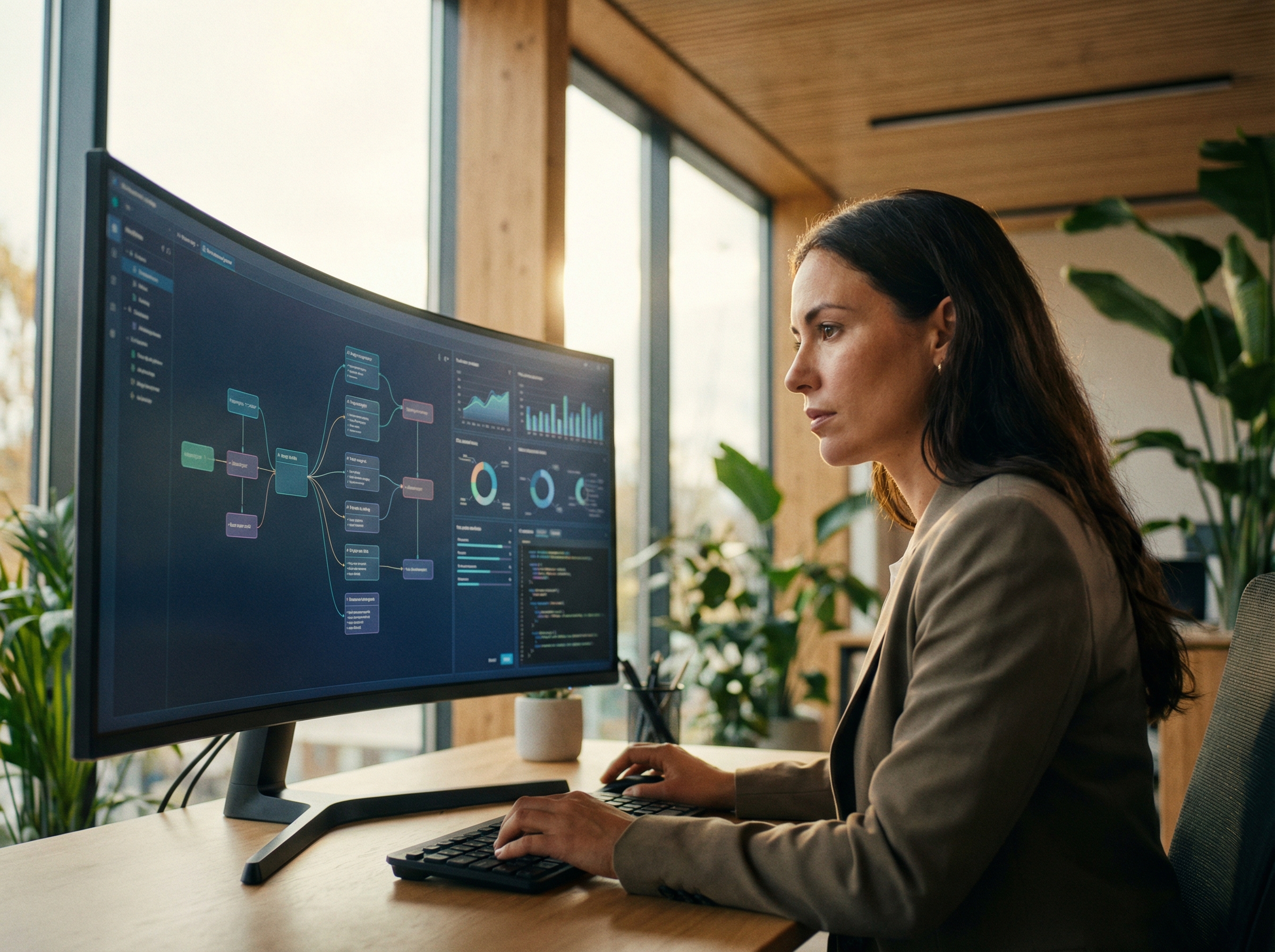 A professional office worker collaborating with a sophisticated AI interface. The screen shows multi-step task management and data analysis. Modern workspace, warm natural lighting, realistic photography style, focused composition, 4:3 aspect ratio, no text.