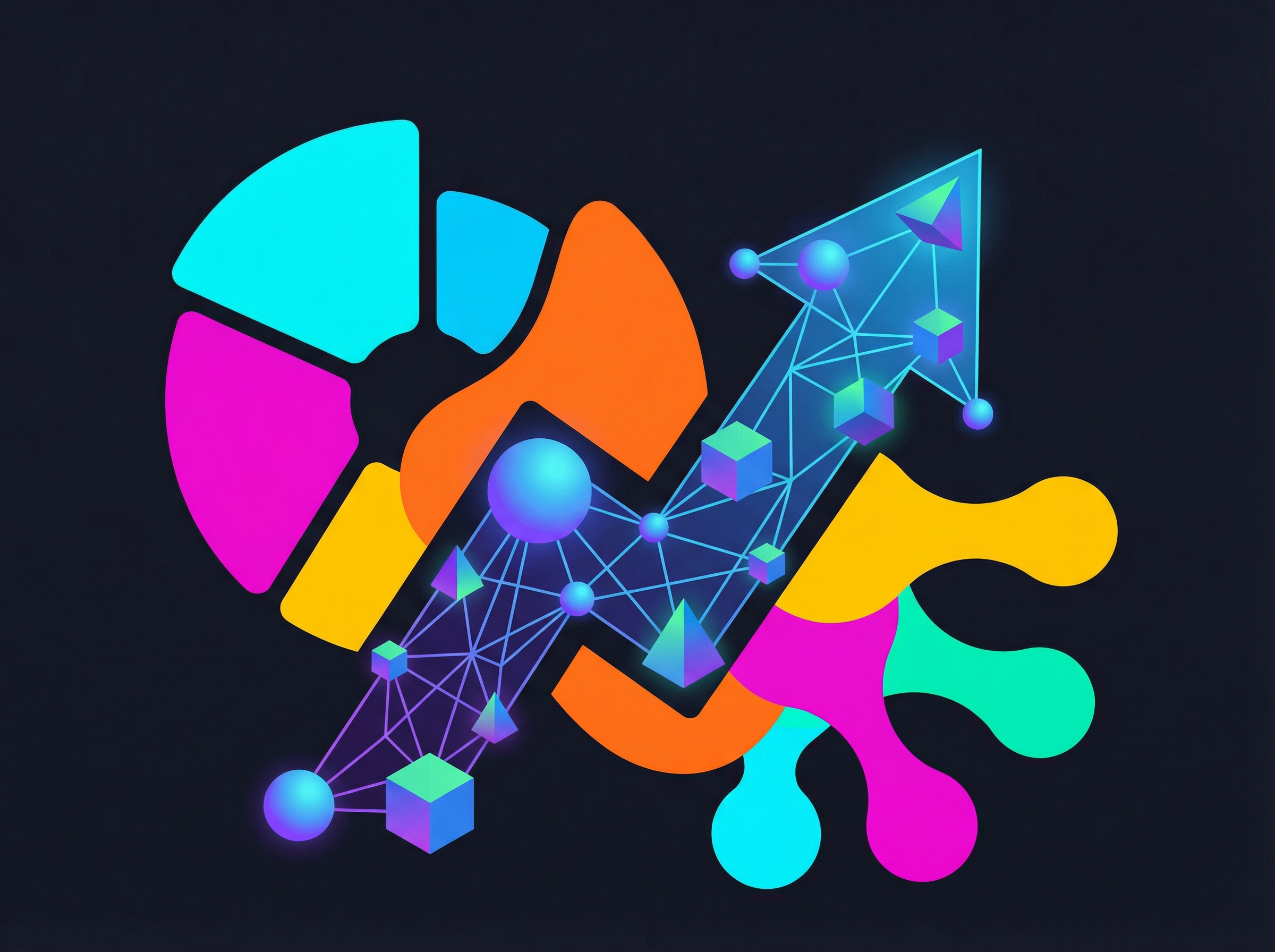 A clean and modern infographic-style illustration representing AI market share and enterprise growth. Abstract shapes representing different tech sectors, vibrant high-contrast colors, professional layout, 4:3 aspect ratio, no text.