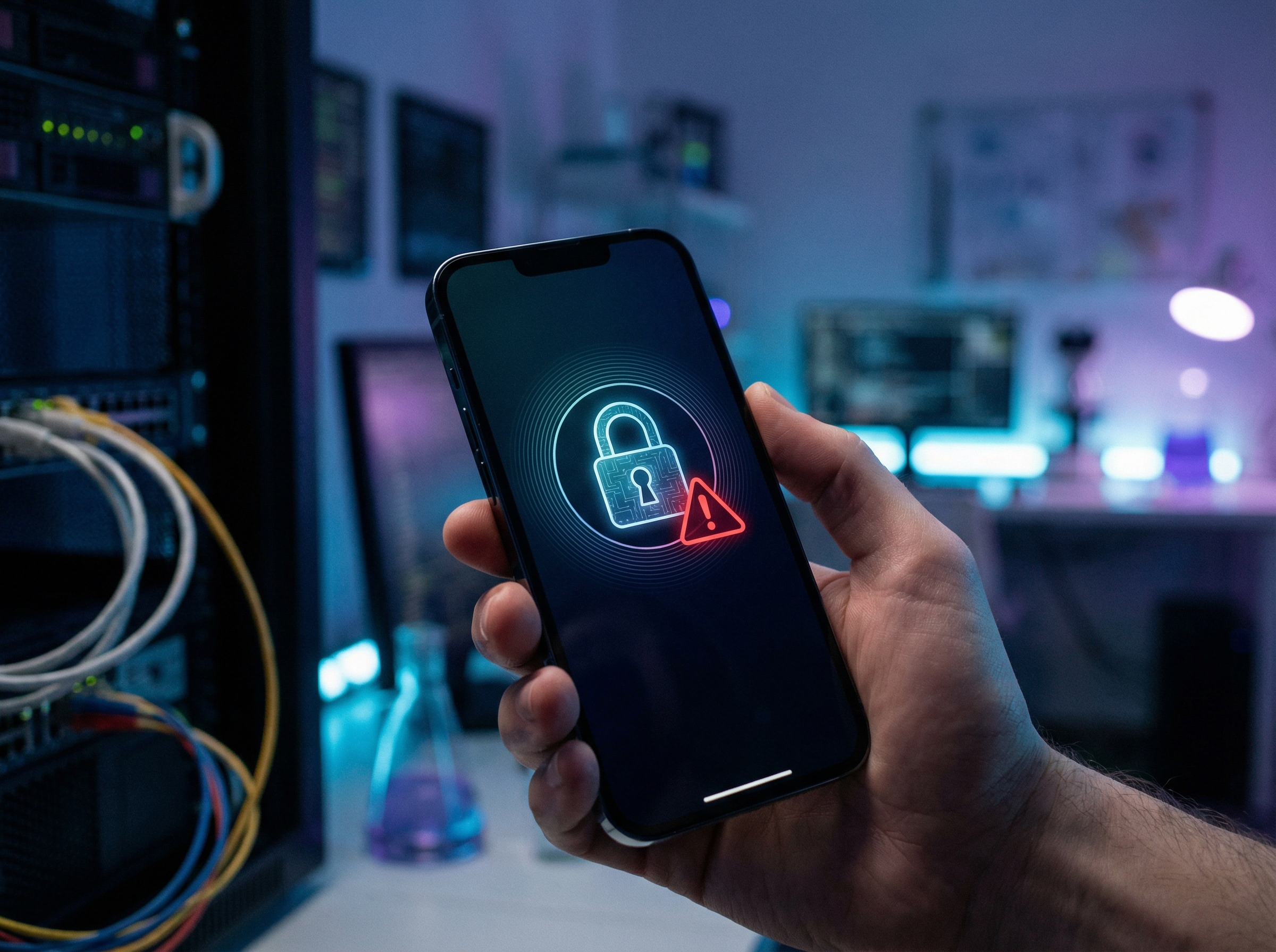 A sleek and modern digital interface of an AI assistant on a smartphone screen showing a restricted access notification with a lock icon. The background is a dark high-tech laboratory with soft blue and purple ambient lighting. Realistic photography style, 4:3 aspect ratio, no visible text.