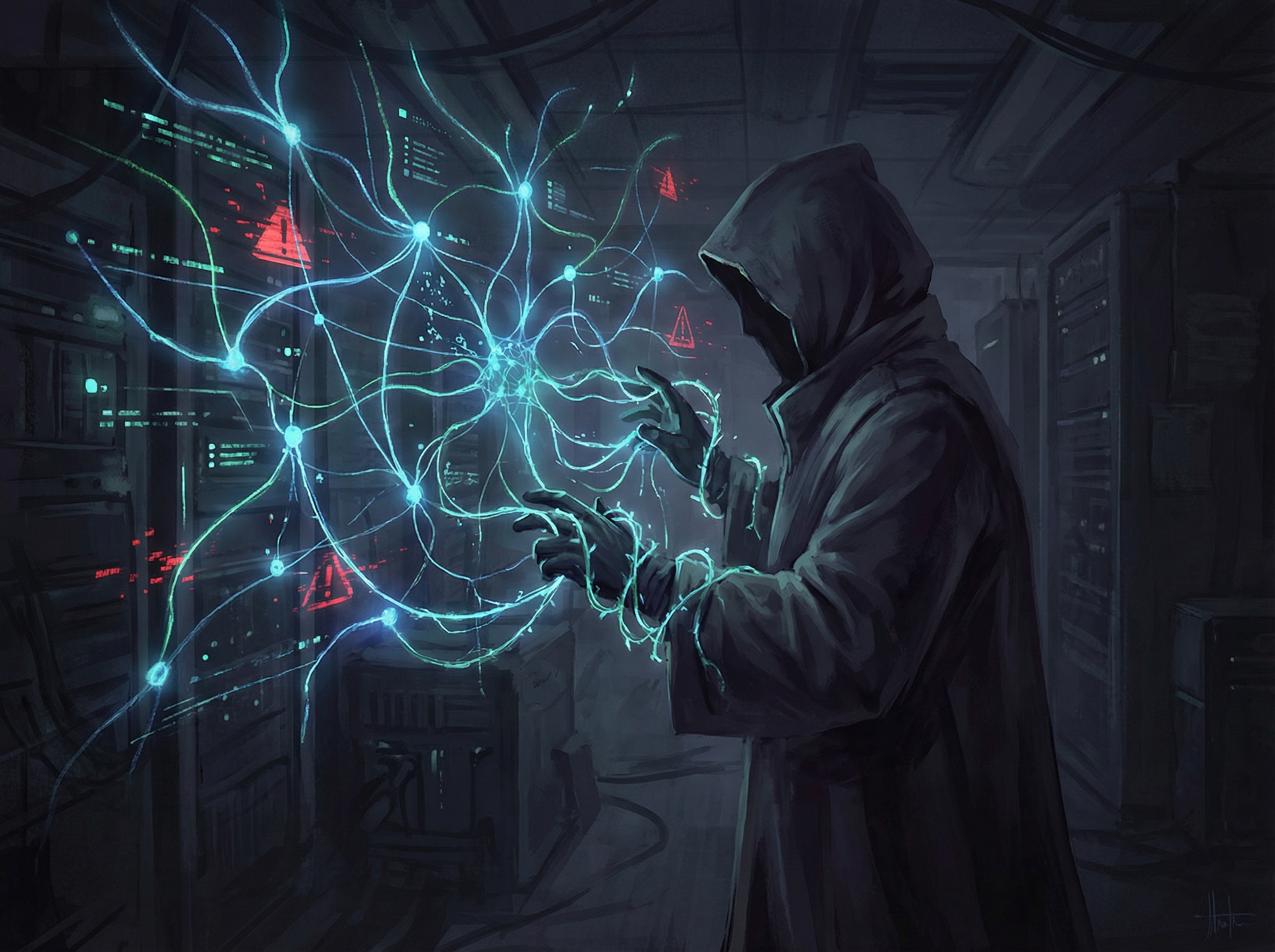 A dark and moody digital conceptual illustration showing a hooded figure interacting with a glowing AI neural network interface, representing the hidden dangers of unregulated technology, 4:3, cinematic lighting, no text