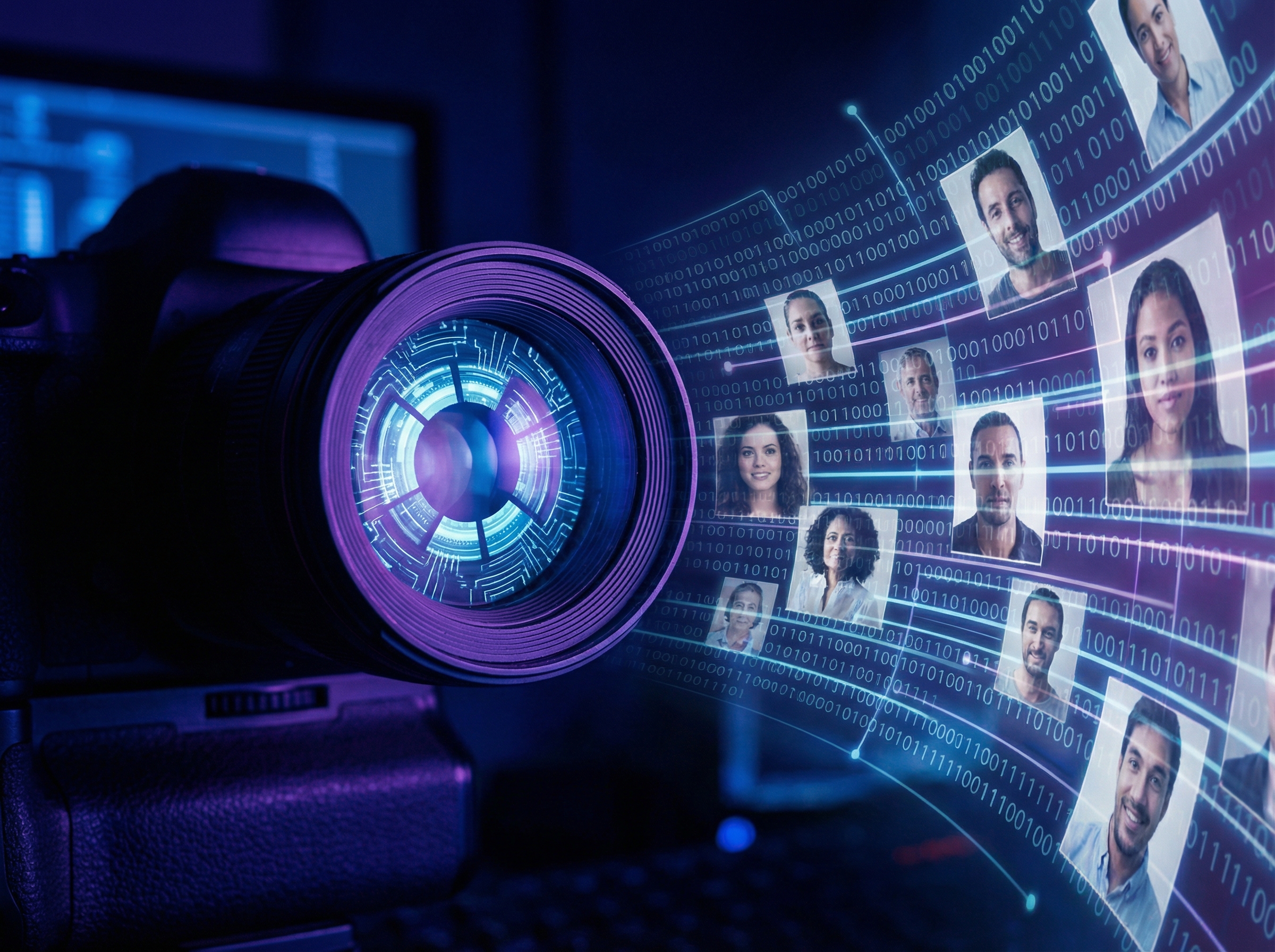 A futuristic digital eye observing a stream of data and realistic human portraits, representing the duality of AI technology and privacy concerns, high contrast cinematic lighting, 4:3, no visible text