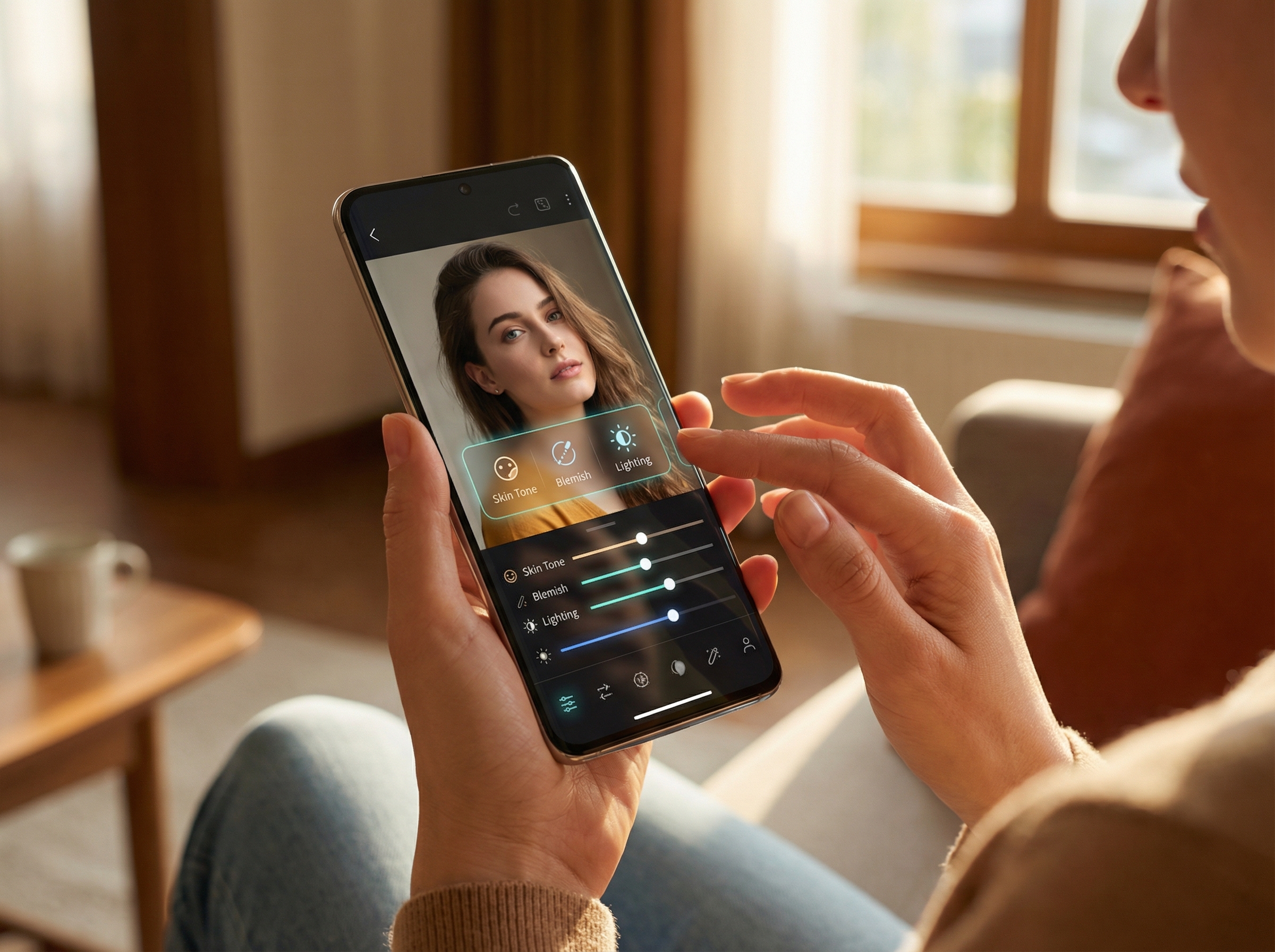 Close up of hands holding a modern smartphone showing a sophisticated AI photo editing interface with realistic portrait adjustments, warm lifestyle lighting, 4:3, no visible text