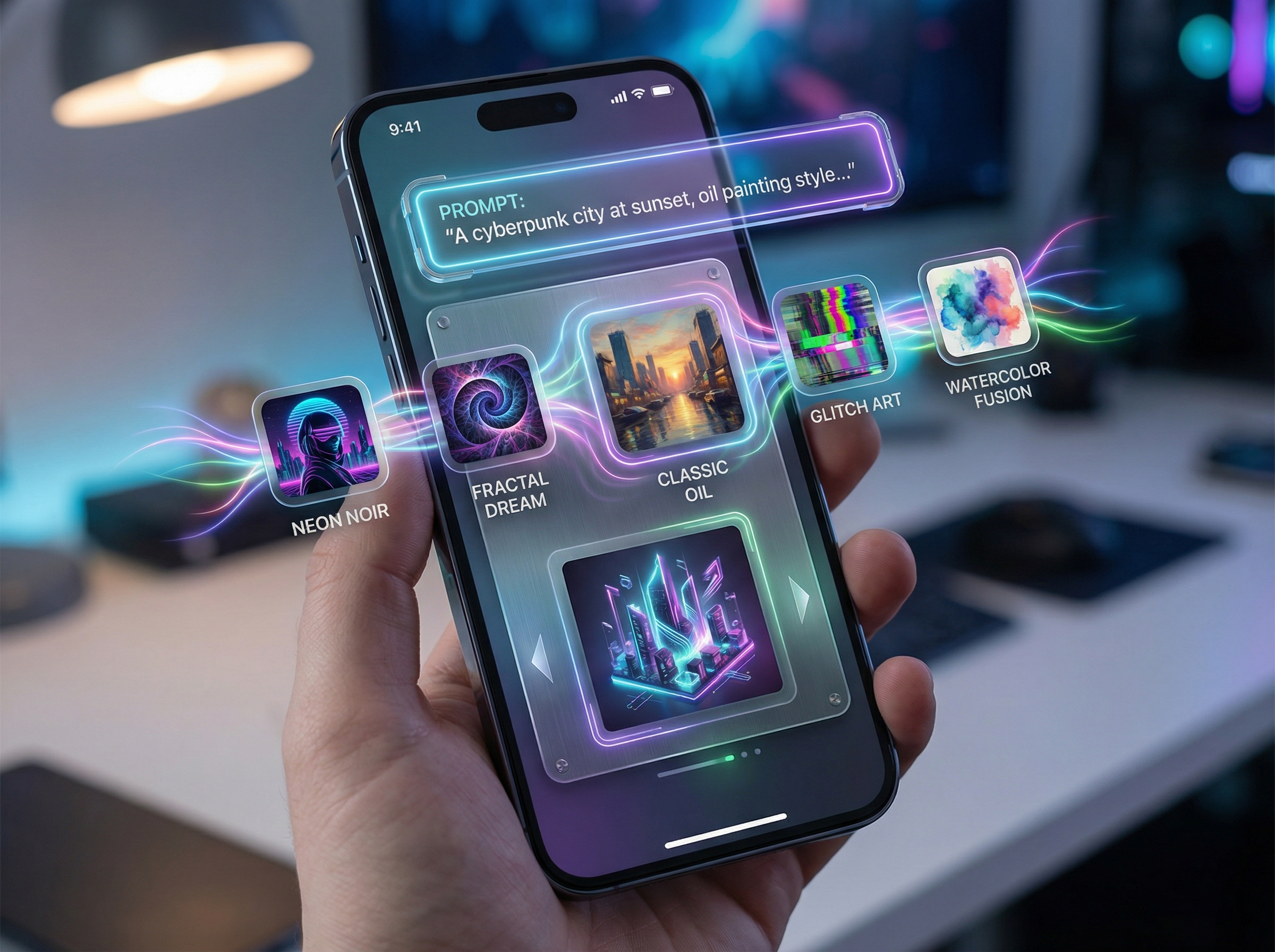 A modern smartphone displaying a sophisticated AI image generation interface with various artistic filters and a futuristic prompt bar, high-tech aesthetic, vibrant colors, 4:3