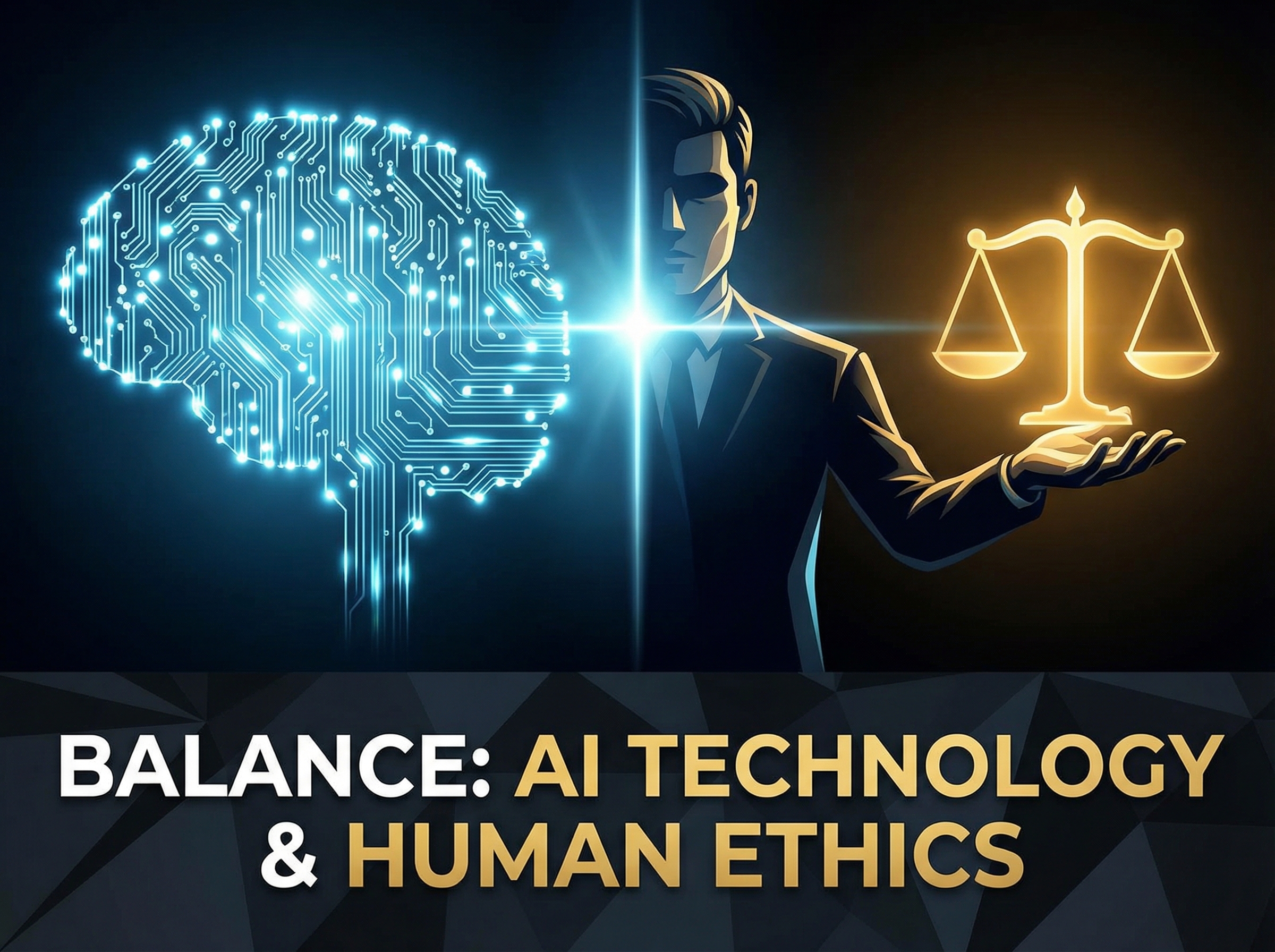 High contrast concept art showing the balance between AI technology and human ethics, glowing artificial brain connected to a scales of justice icon, modern layout, 4:3