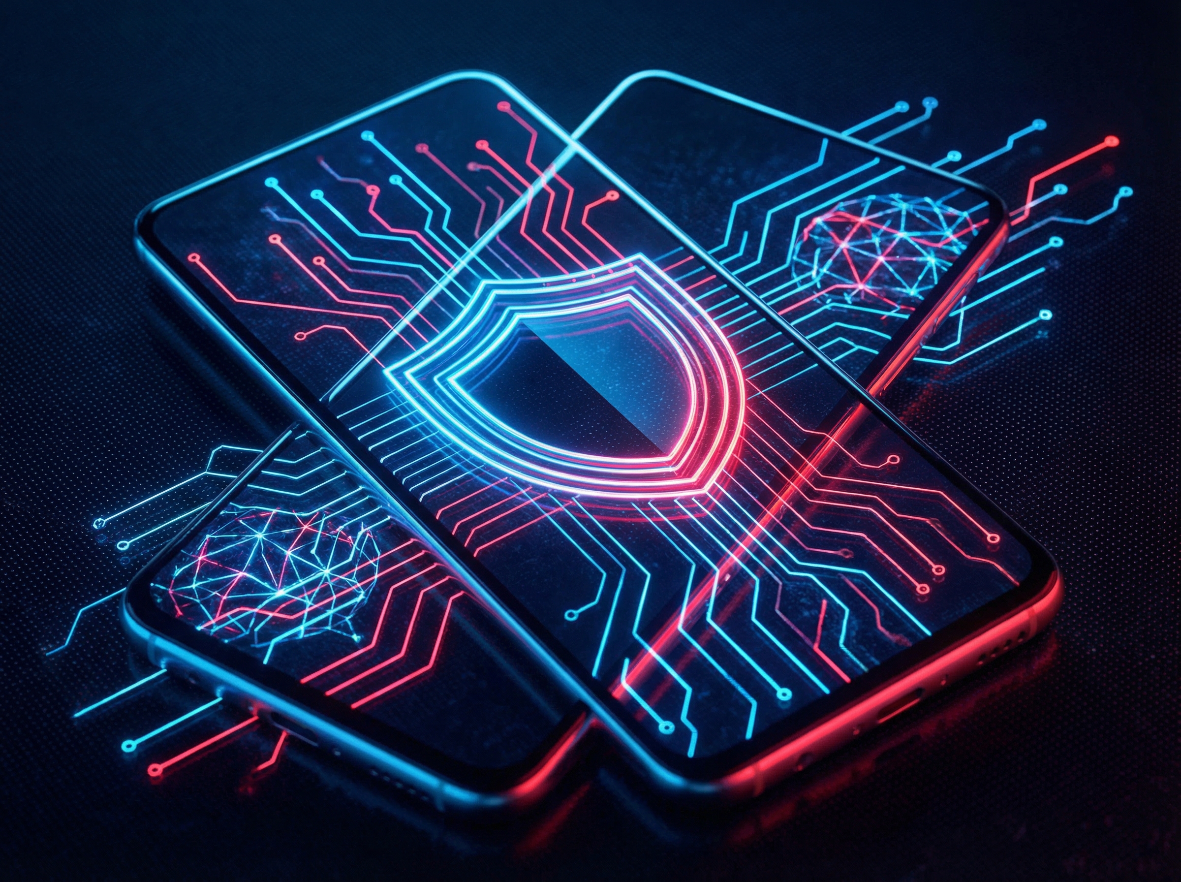 A modern smartphone screen displaying a digital shield and artificial intelligence circuit lines, neon blue and red accents, futuristic high-tech atmosphere, 4:3 aspect ratio, no text