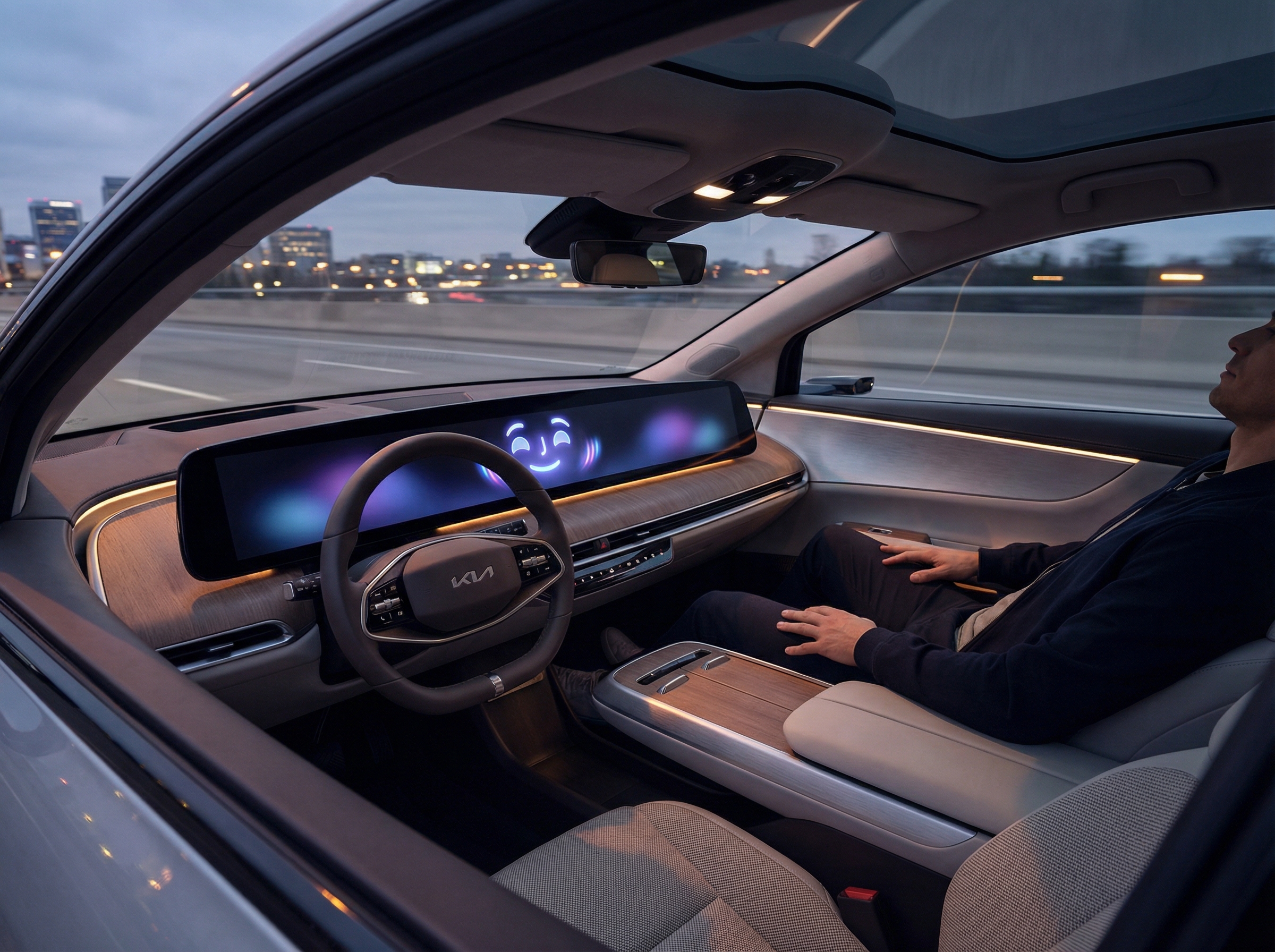 Interior of a modern car showing a large dashboard screen with a friendly AI assistant interface. A person is comfortably sitting in the driver's seat as the car operates smoothly. Cinematic lighting, futuristic car design. 4:3 aspect ratio, no text.