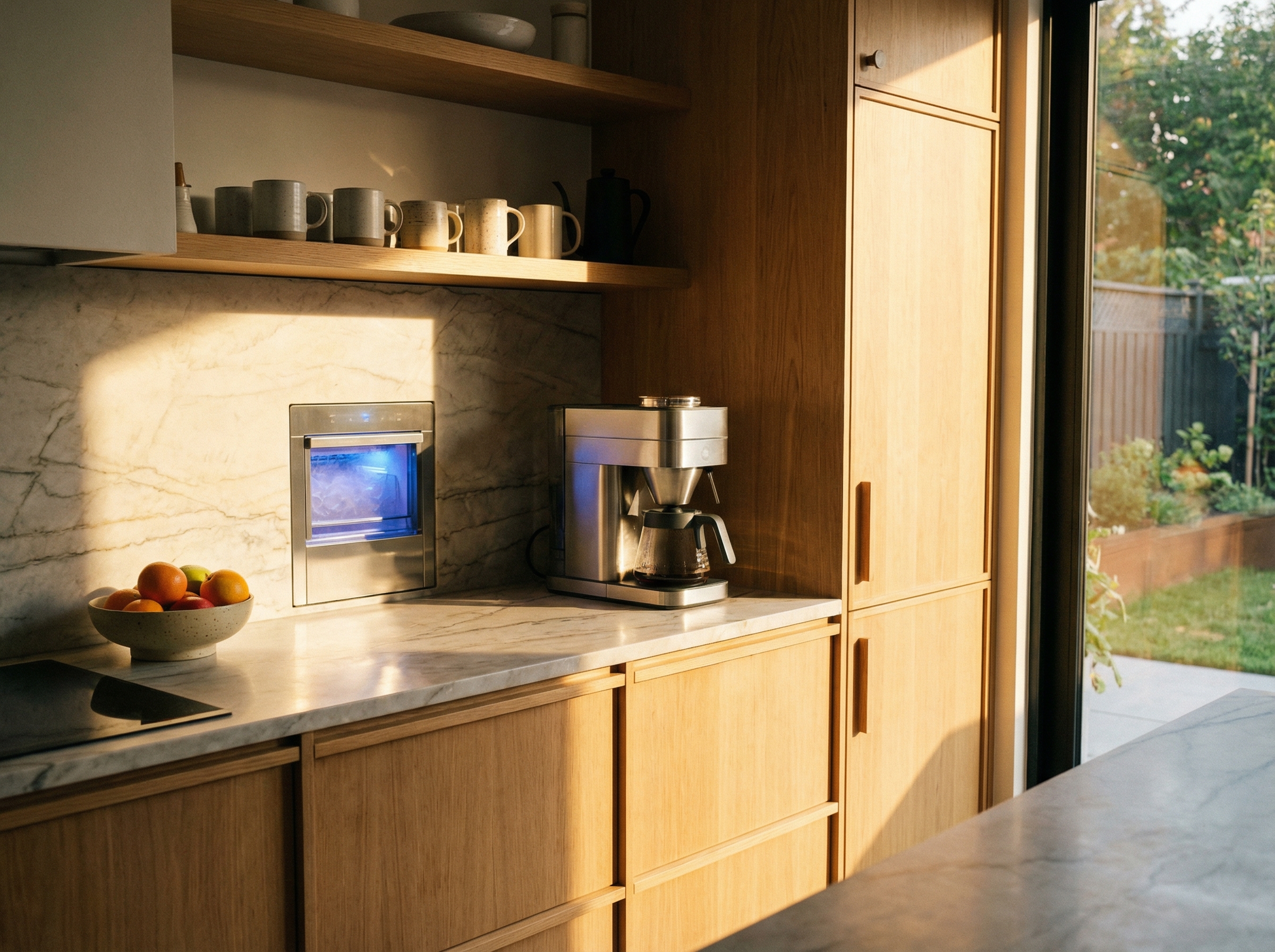 A modern minimalist kitchen with a sleek AI-integrated ice maker and coffee machine on a marble countertop, warm morning sunlight, lifestyle photography, 4:3 aspect ratio, no text.