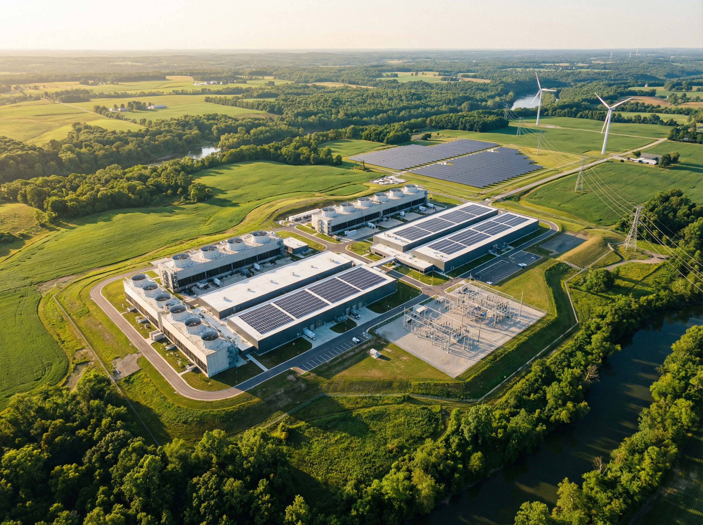 Aerial view of a massive modern AI data center campus in Ohio, surrounding green landscape, high-tech energy infrastructure, sunny day, cinematic wide shot, 4:3 aspect ratio, no text