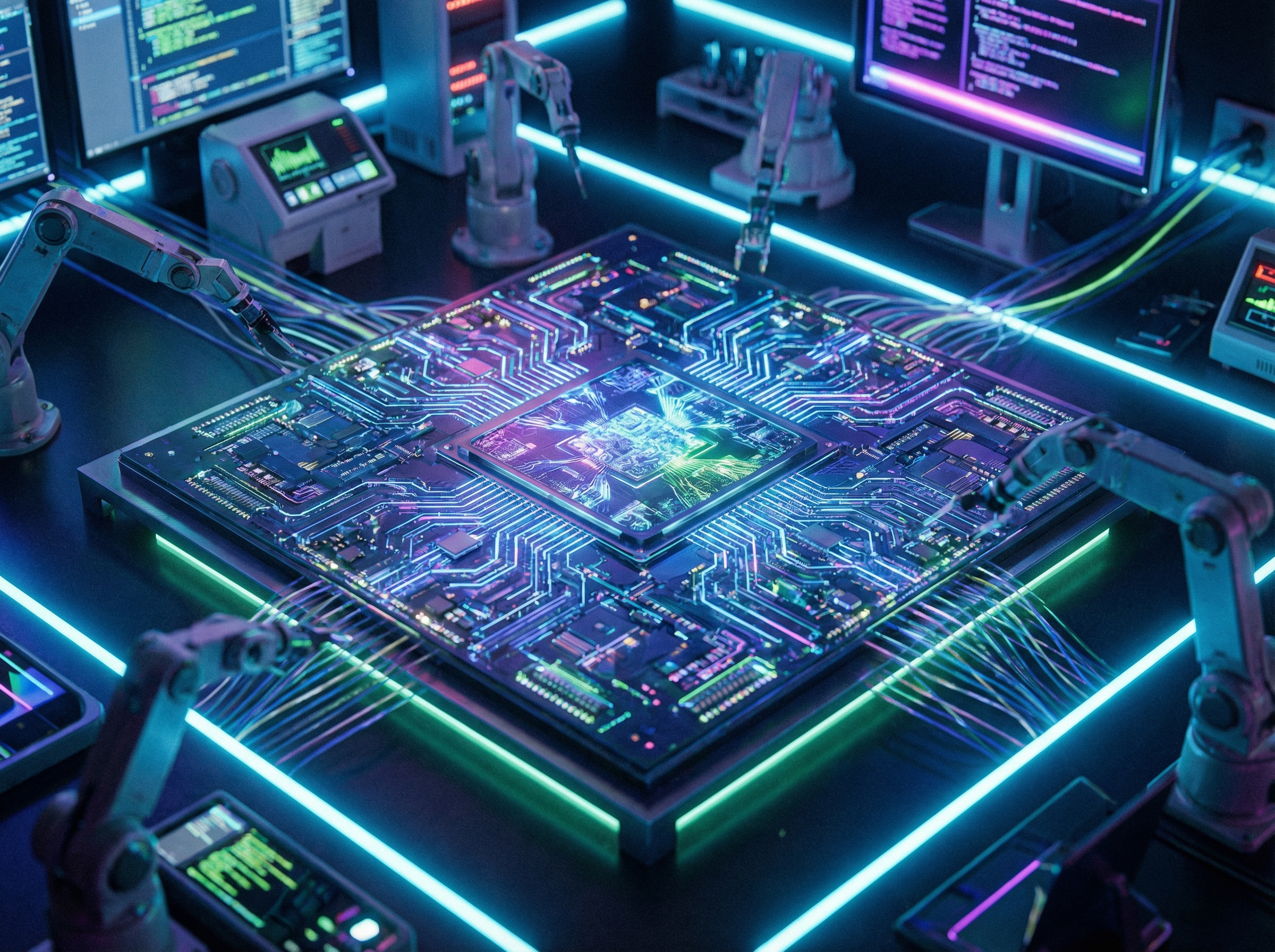 A detailed macro shot of a sophisticated computer chip with glowing circuits and AI patterns, high-tech laboratory setting, neon highlights, futuristic atmosphere, sharp focus, aspect ratio 4:3, no text