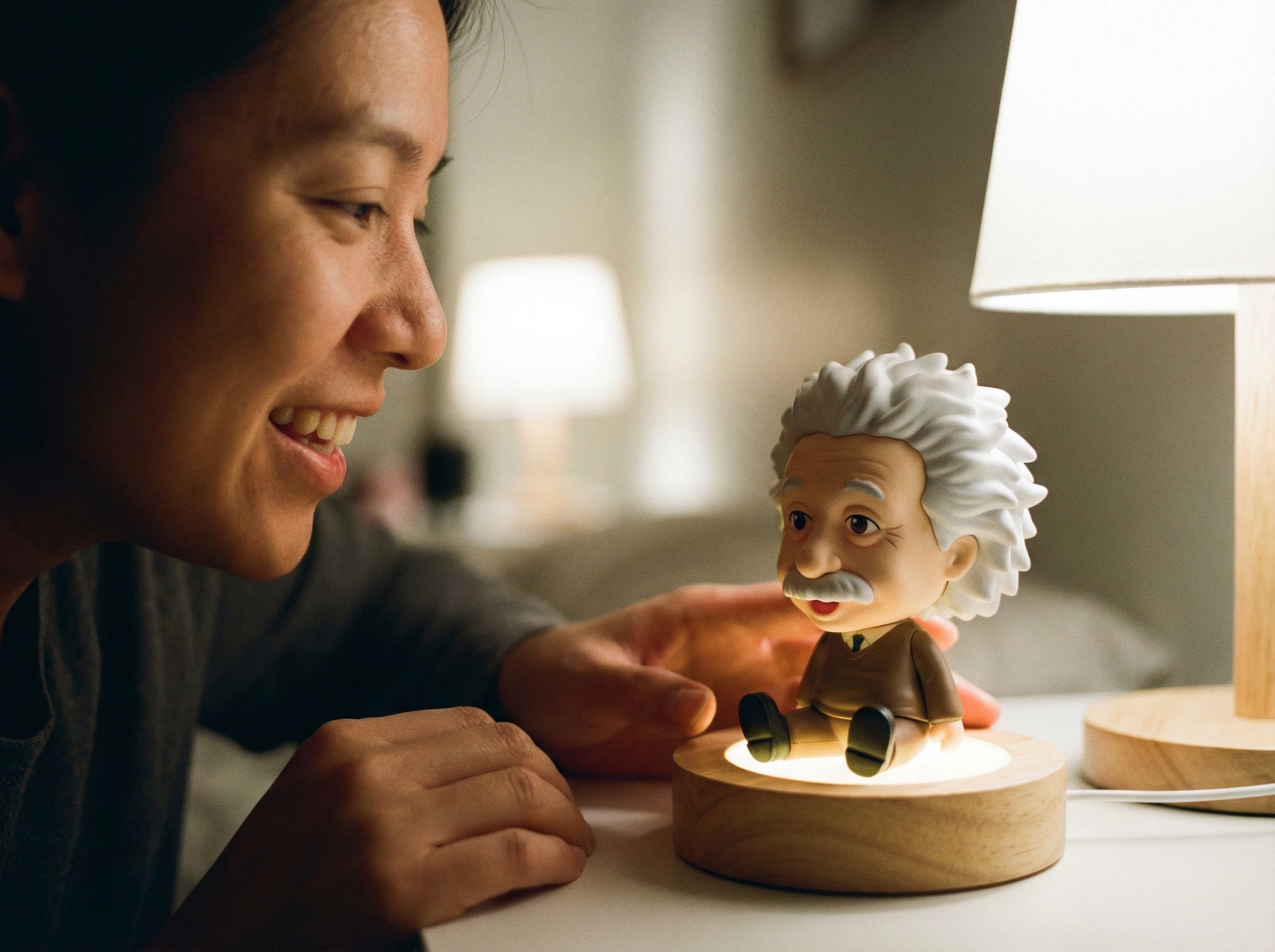 A close-up of a person speaking to a stylized chibi-style Albert Einstein figurine on a glowing base. The person looks engaged and happy. Soft warm indoor lighting, shallow depth of field, focusing on the interaction between the human and the smart toy. 4:3 aspect ratio, high quality digital photography, no text.