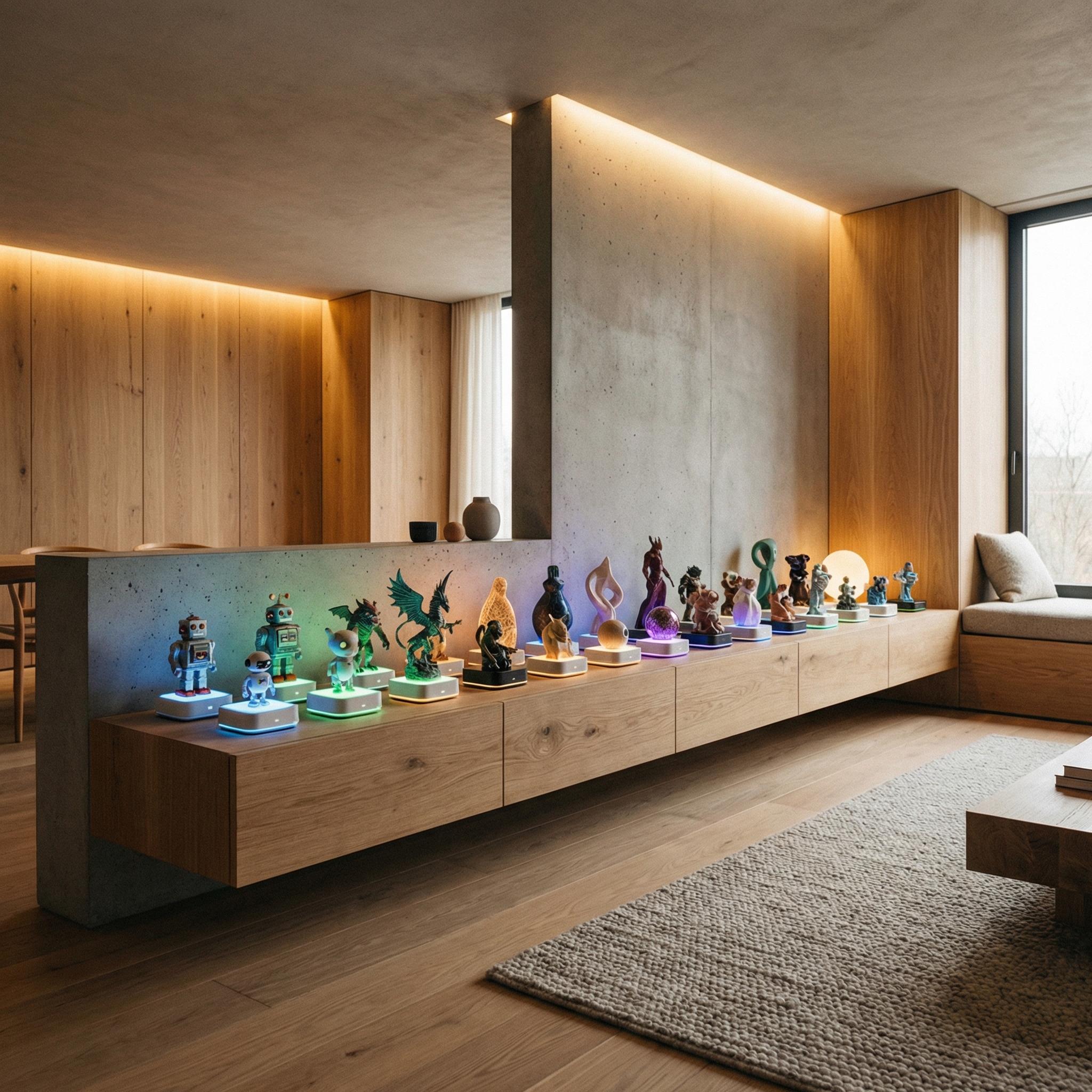 A wide shot of a modern living room shelf filled with various figurines on smart bases. Some bases are glowing in different colors, representing active AI states. The room is decorated in a minimalist style with warm ambient light. A sense of a lively collection that interacts with the environment. 1:1 aspect ratio, detailed composition, no text.