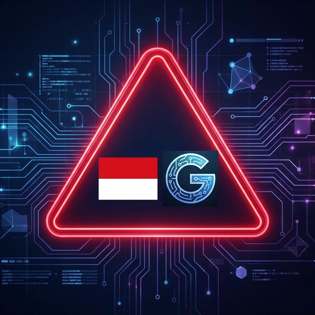 A professional digital illustration showing the Indonesia flag and the Grok AI logo inside a red warning sign, high-tech background with circuit patterns, modern and serious atmosphere, no text, 1:1
