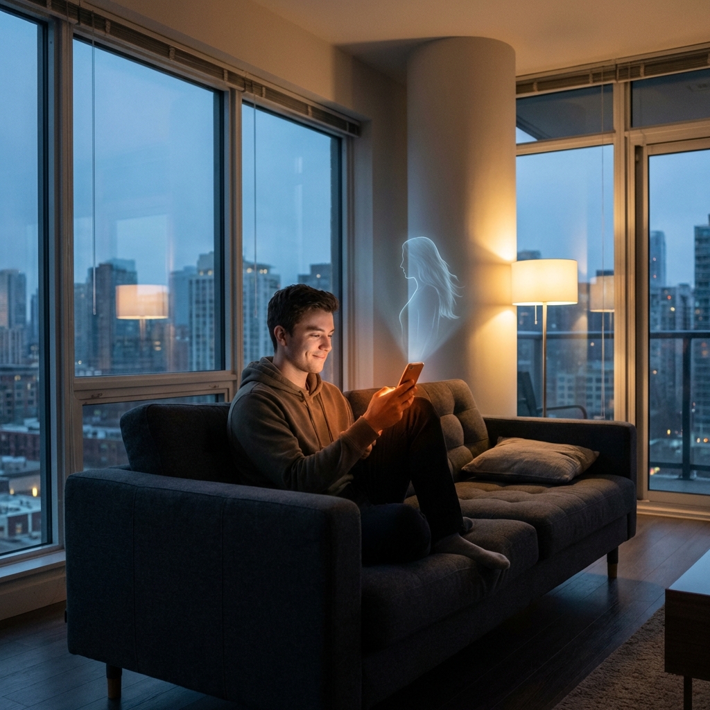 A young man sitting on a sofa in a modern dimly lit apartment in Atlanta, looking at a glowing smartphone screen with a warm and affectionate expression. A faint holographic silhouette of a beautiful woman with long dark hair appears to be emerging from the phone. 1:1 aspect ratio, cinematic lighting, no text.