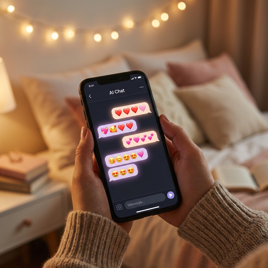 A close-up of a smartphone screen showing an advanced AI chat interface with hearts and affectionate emojis. The phone is held by a person in a cozy bedroom setting with soft fairy lights in the background. Lifestyle photography style, 1:1 aspect ratio, no text.