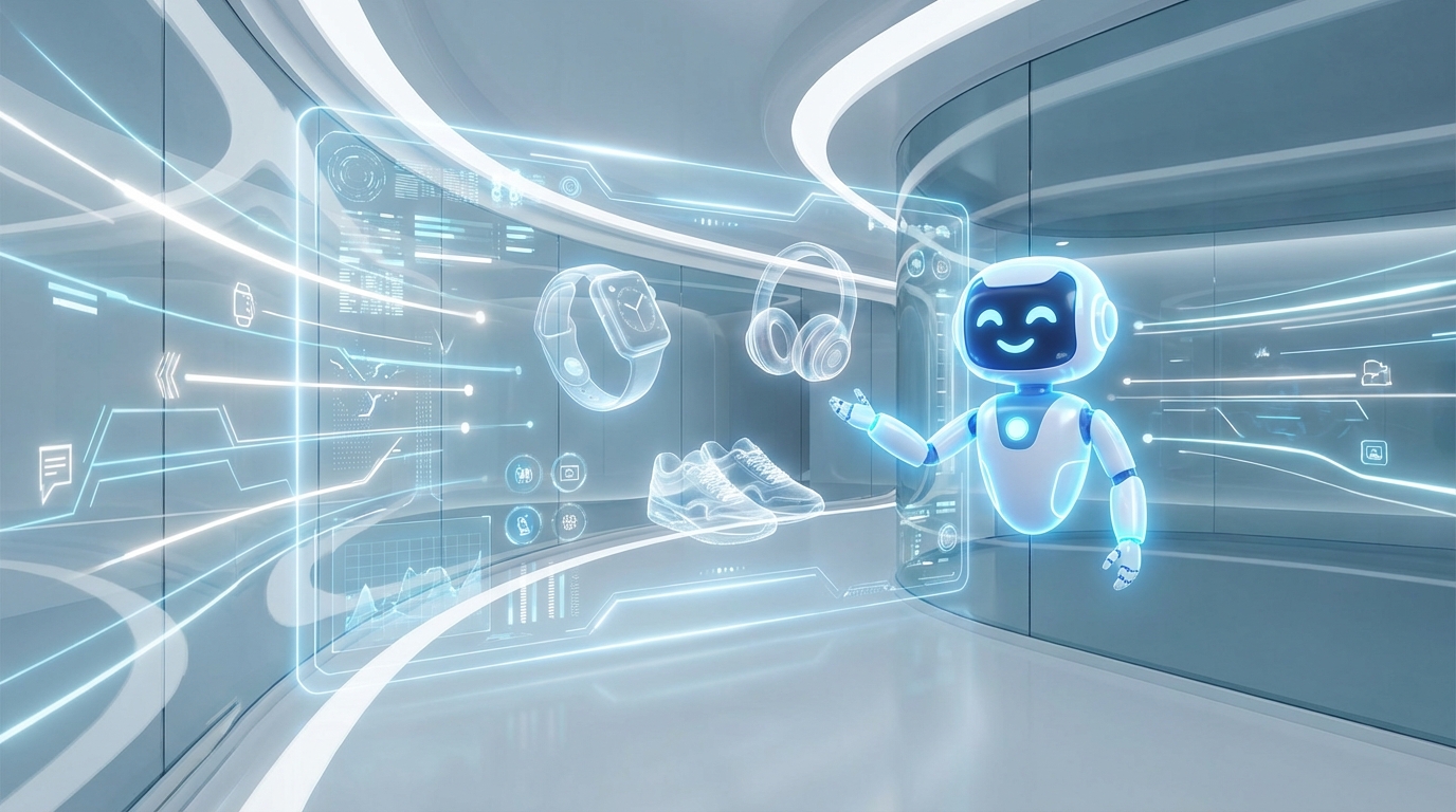 A futuristic digital interface showing a friendly AI agent helping a user shop online, holographic product displays, high-tech and clean minimalist aesthetic, bright blue and white lighting, 16:9 aspect ratio, no text