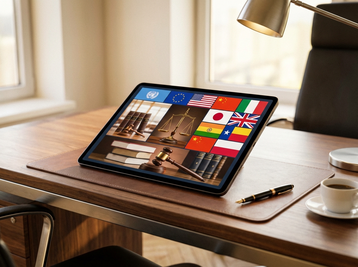 A modern office desk with a digital tablet showing legal symbols and international flags, warm professional lighting, shallow depth of field, 4:3 aspect ratio, no text.