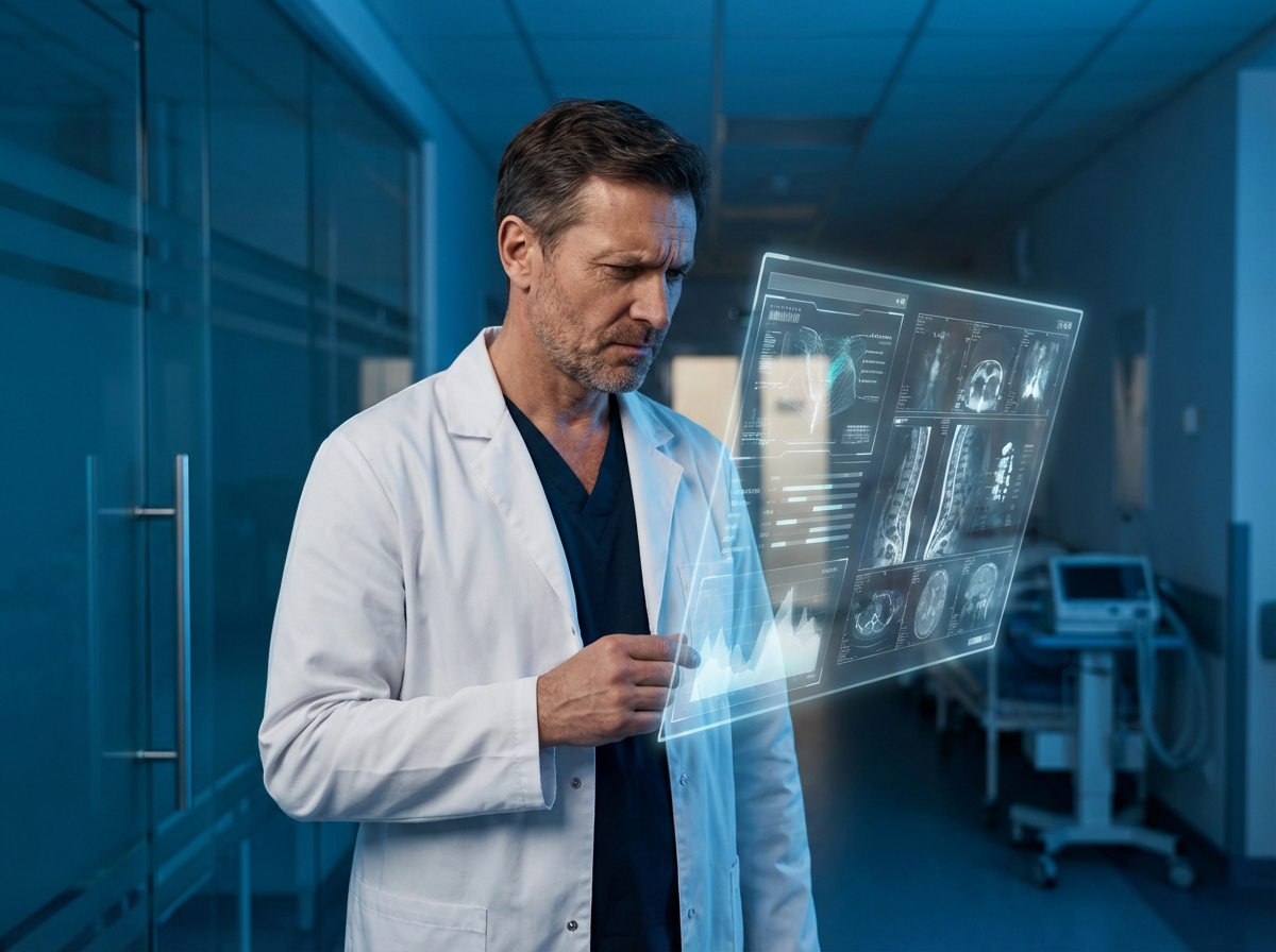 A professional doctor in a white coat looking skeptically at a holographic AI display showing medical data, high contrast, modern hospital background, 4:3 aspect ratio, no text