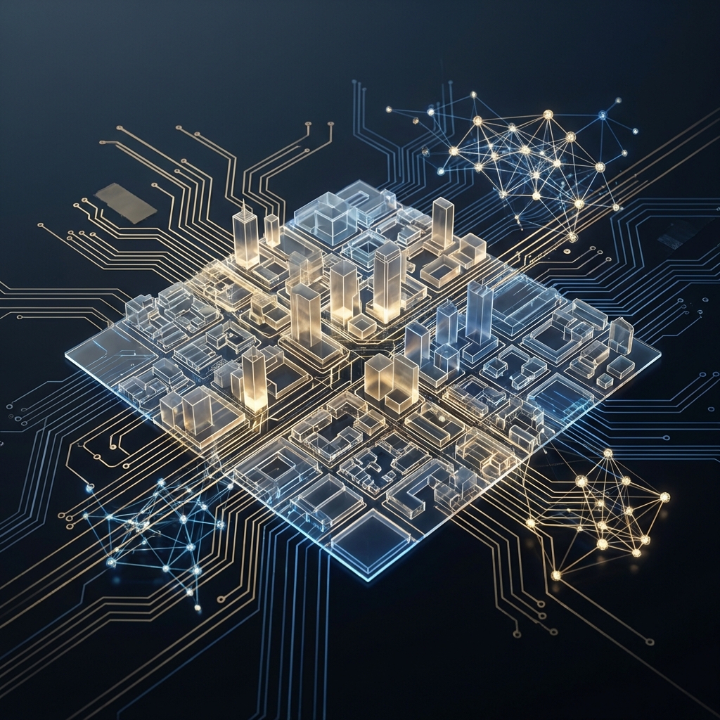 Conceptual visualization of physical AI and neural network patterns overlapping a 3D city map, futuristic blue and gold color scheme, high contrast, clean modern layout, centered focus, 1:1 aspect ratio, no text